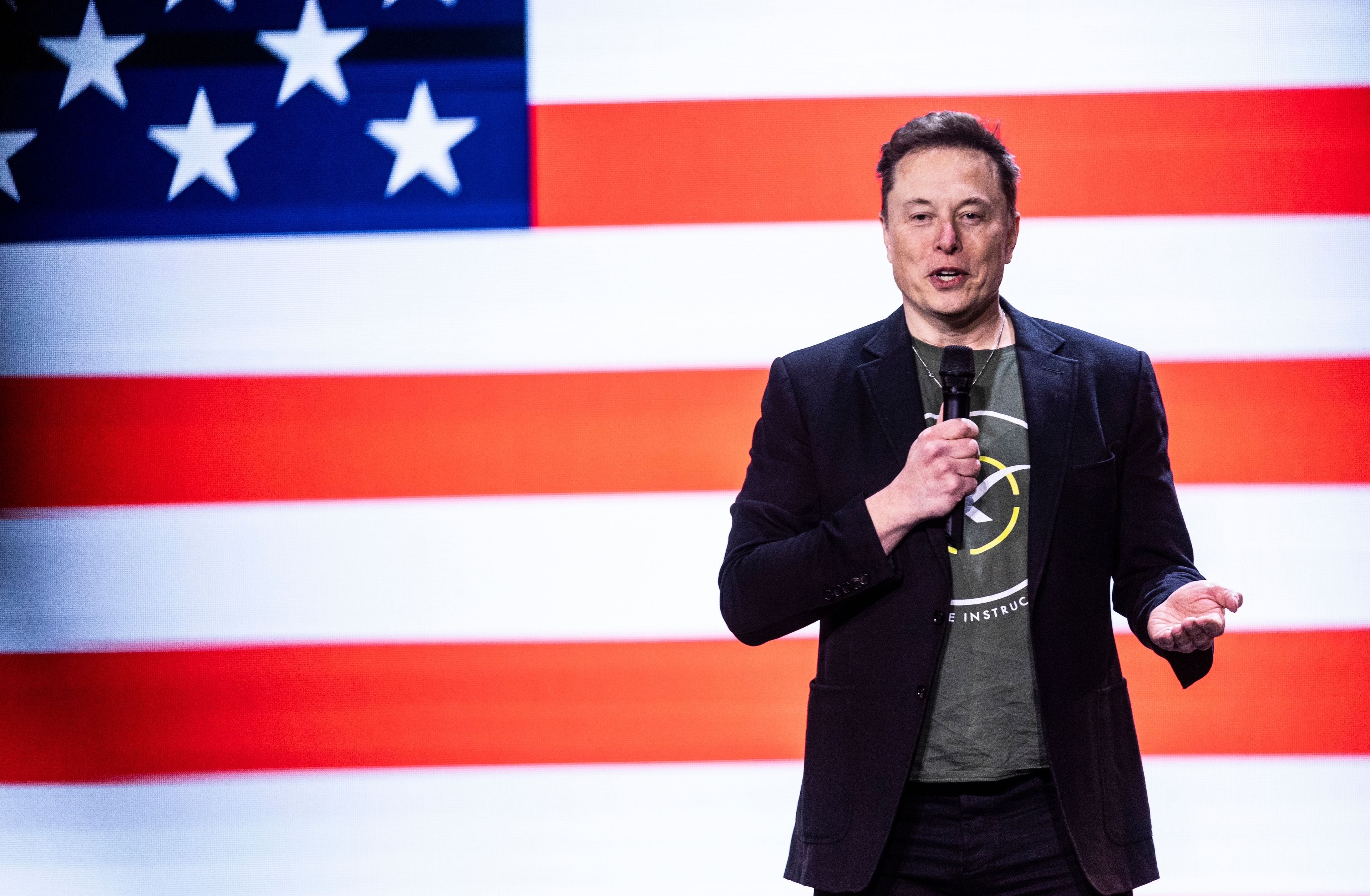 Elon Musk speaks at Life Center Church in Harrisburg, Pa., Saturday, Oct. 19, 2024. (Sean Simmers/The Patriot-News via AP)