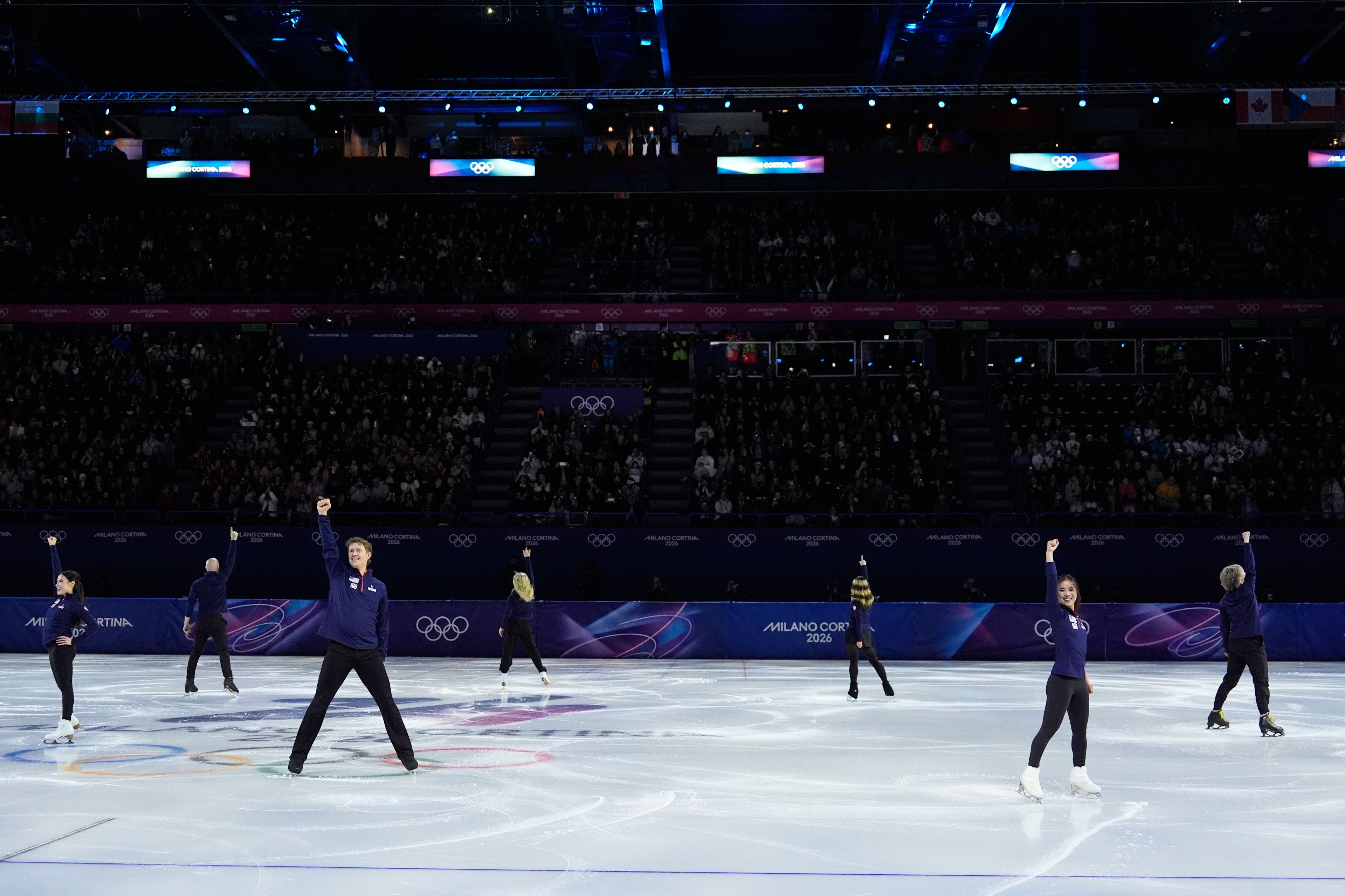 Team USA performs during the figure skating exhibition at the 2026 Winter Olympics, in Milan, Italy, Saturday, Feb. 21, 2026. (AP Photo/Ashley Landis)