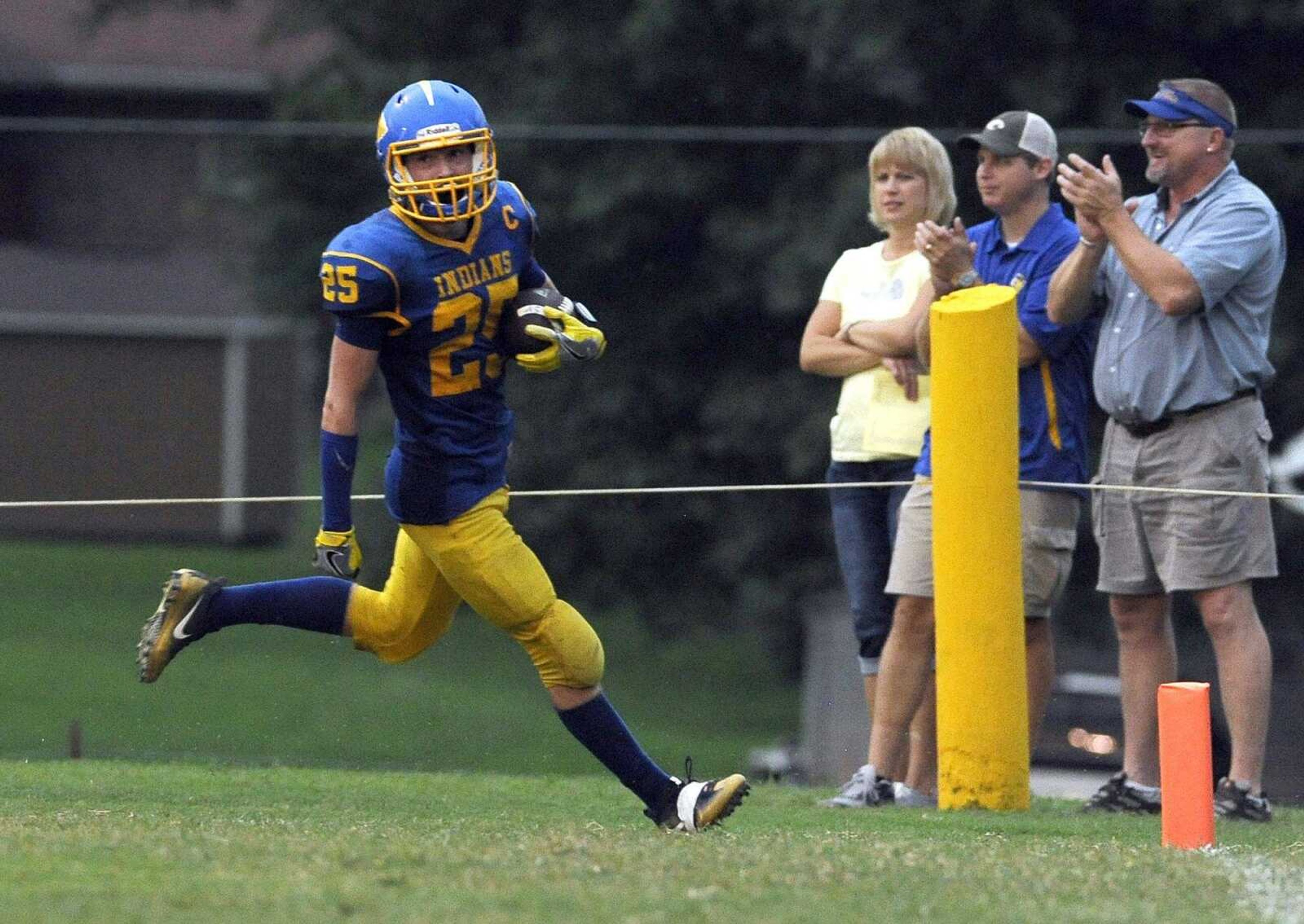 St. Vincent's Riley Riehn scores the first touchdown of the game against Scott City during the second quarter Friday, Aug. 26, 2016 in Perryville, Missouri.