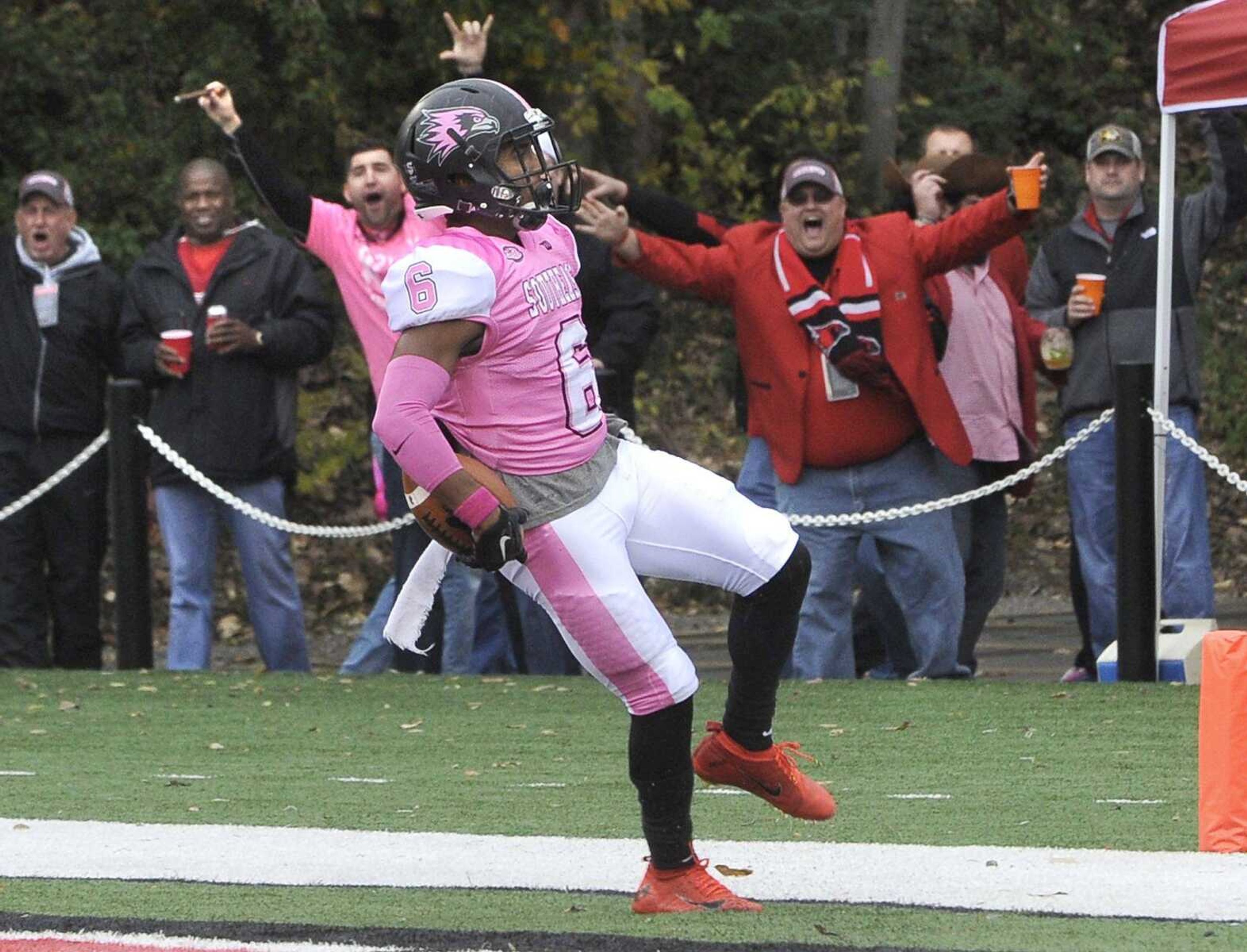 Southeast Missouri State's Darrius Darden-Box scores after blocking a punt during the third quarter against Tennessee Tech on Saturday at Houck Stadium. (Fred Lynch)