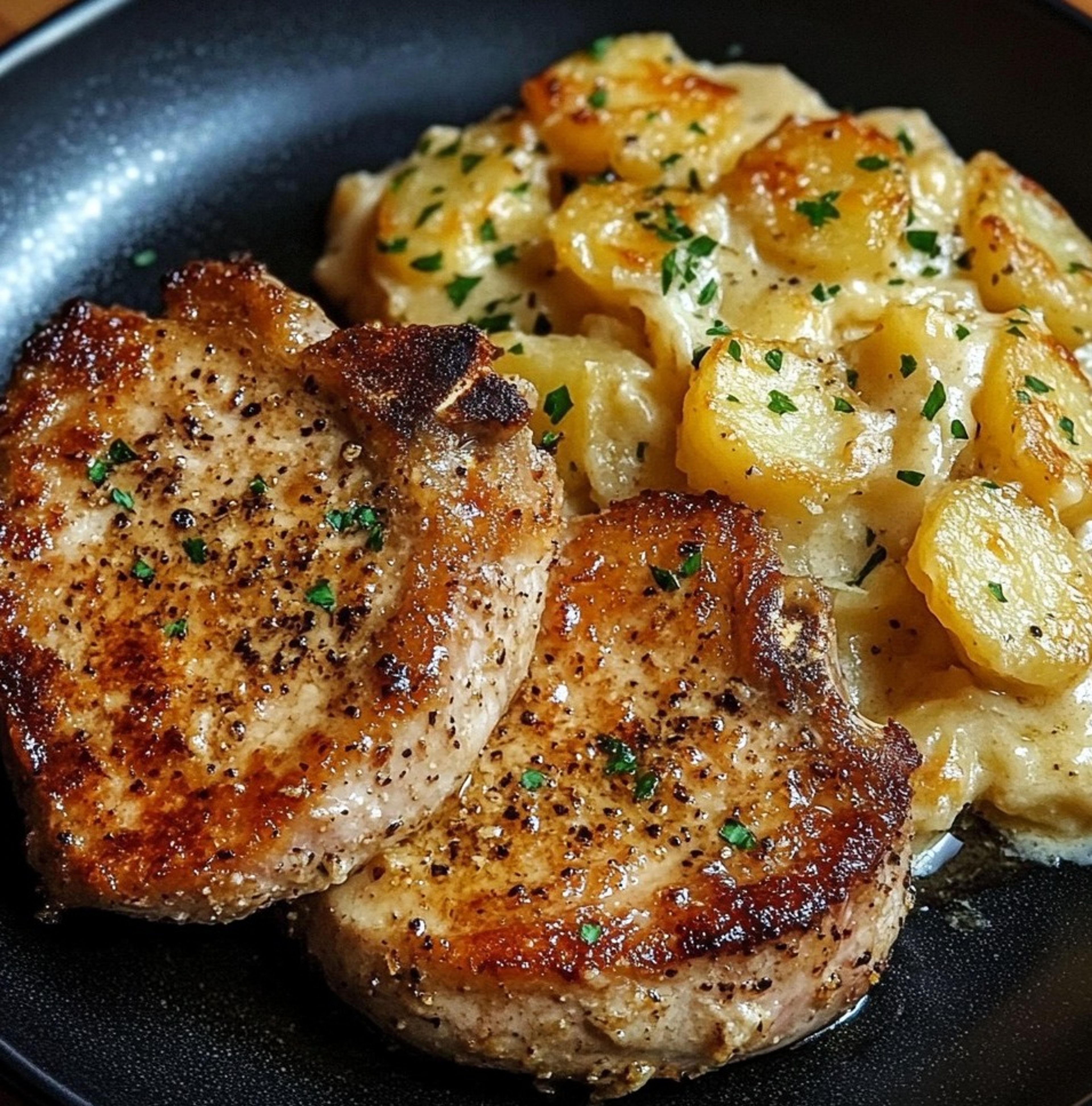 Garlic Parmesan Pork Chops with Cheesy Scalloped Potatoes