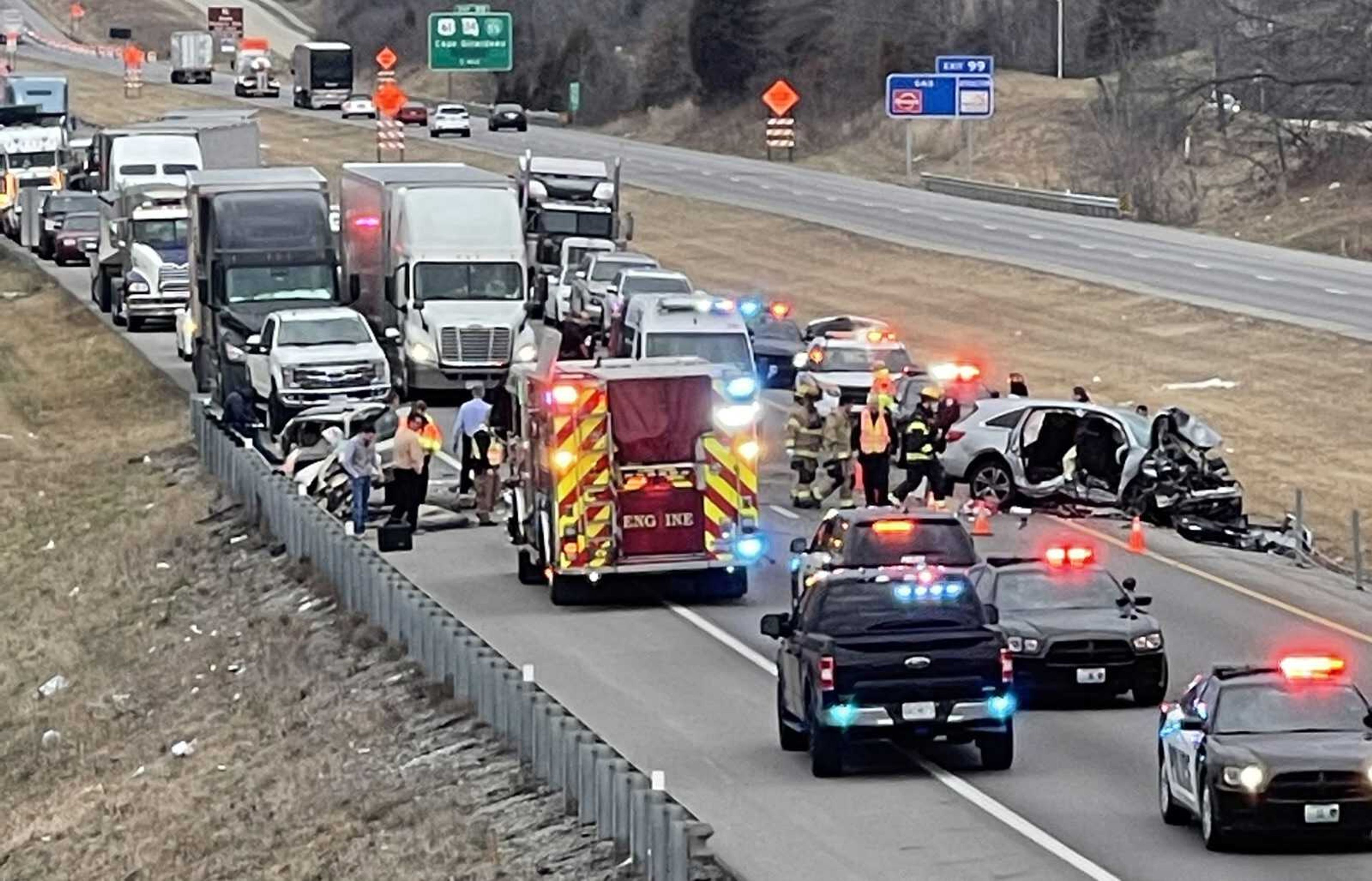 Emergency personnel respond to a multi-vehicle crash on Interstate 55 on Thursday afternoon. The crash occurred in the southbound lanes, and it was unclear how many people were in the vehicles and the extent of any injuries.