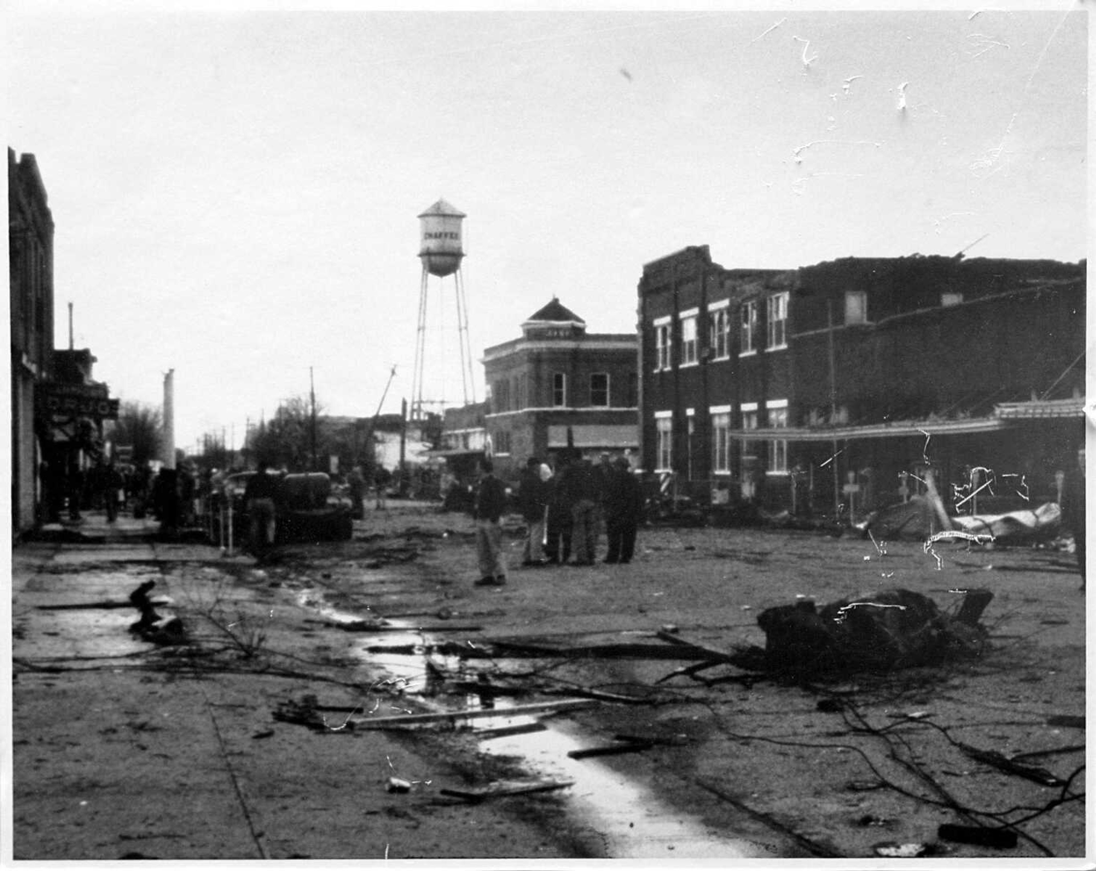 A view down Main Street in Chaffee after a tornado swept through town 50 years ago.