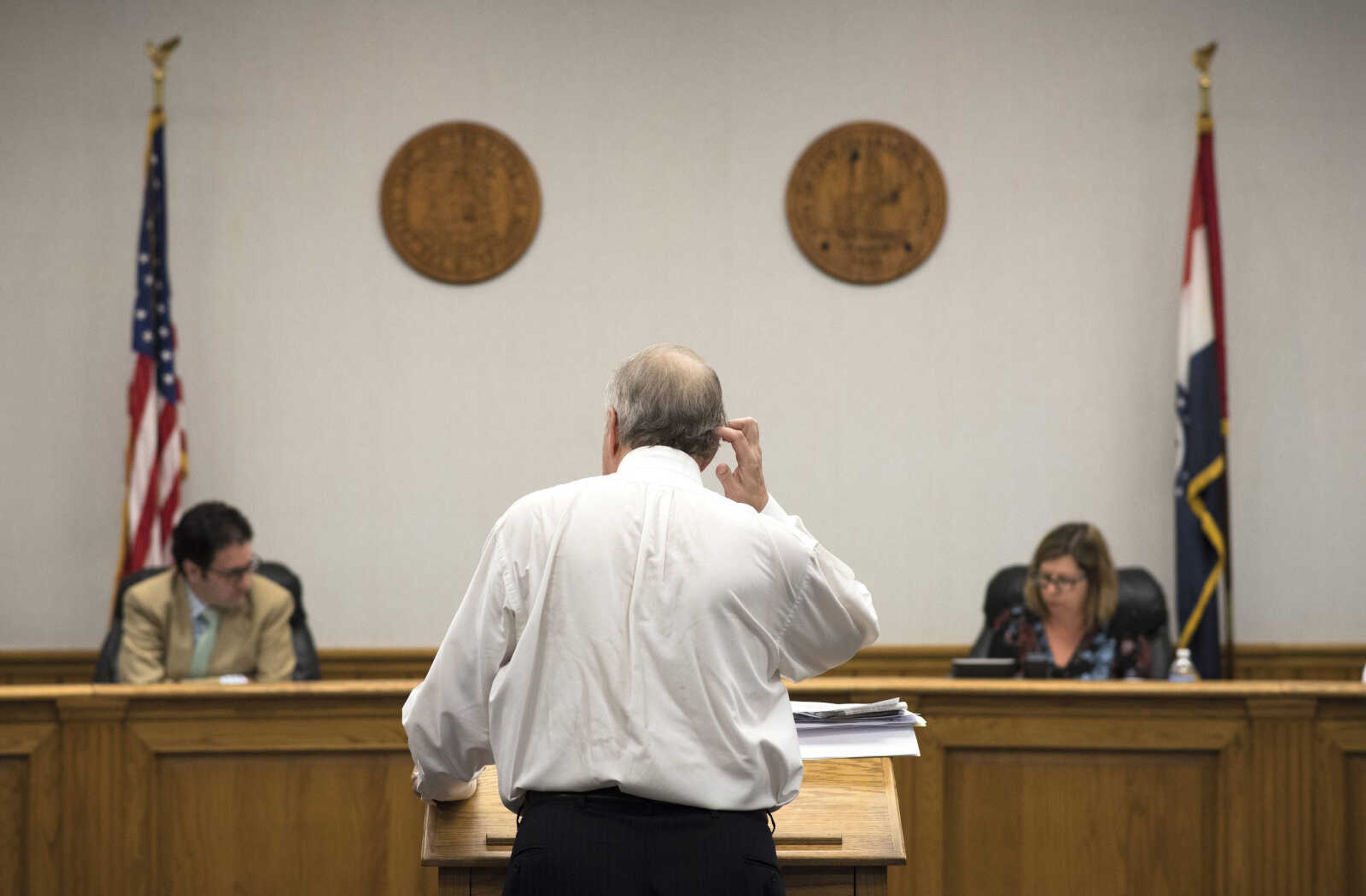 Cape Girardeau attorney Ron Garms, representing River Valley Banquet Center owner Ricky Werner, speaks to the Liquor License Review Board during an appeal hearing Monday Cape Girardeau City Hall.