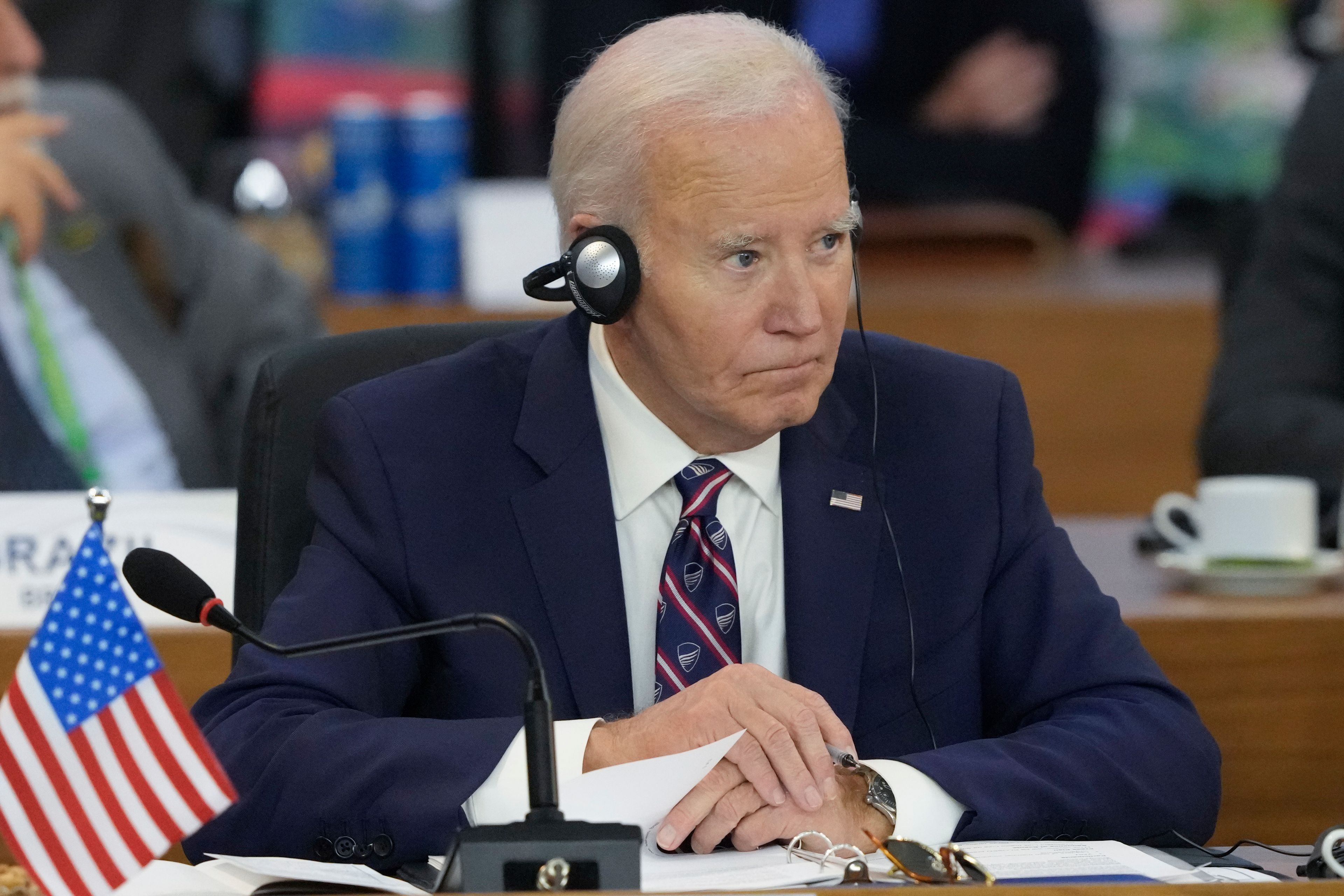 U.S. President Joe Biden attends the G20 Summit leaders meeting in Rio de Janeiro, Tuesday, Nov. 19, 2024. (AP Photo/Eraldo Peres)