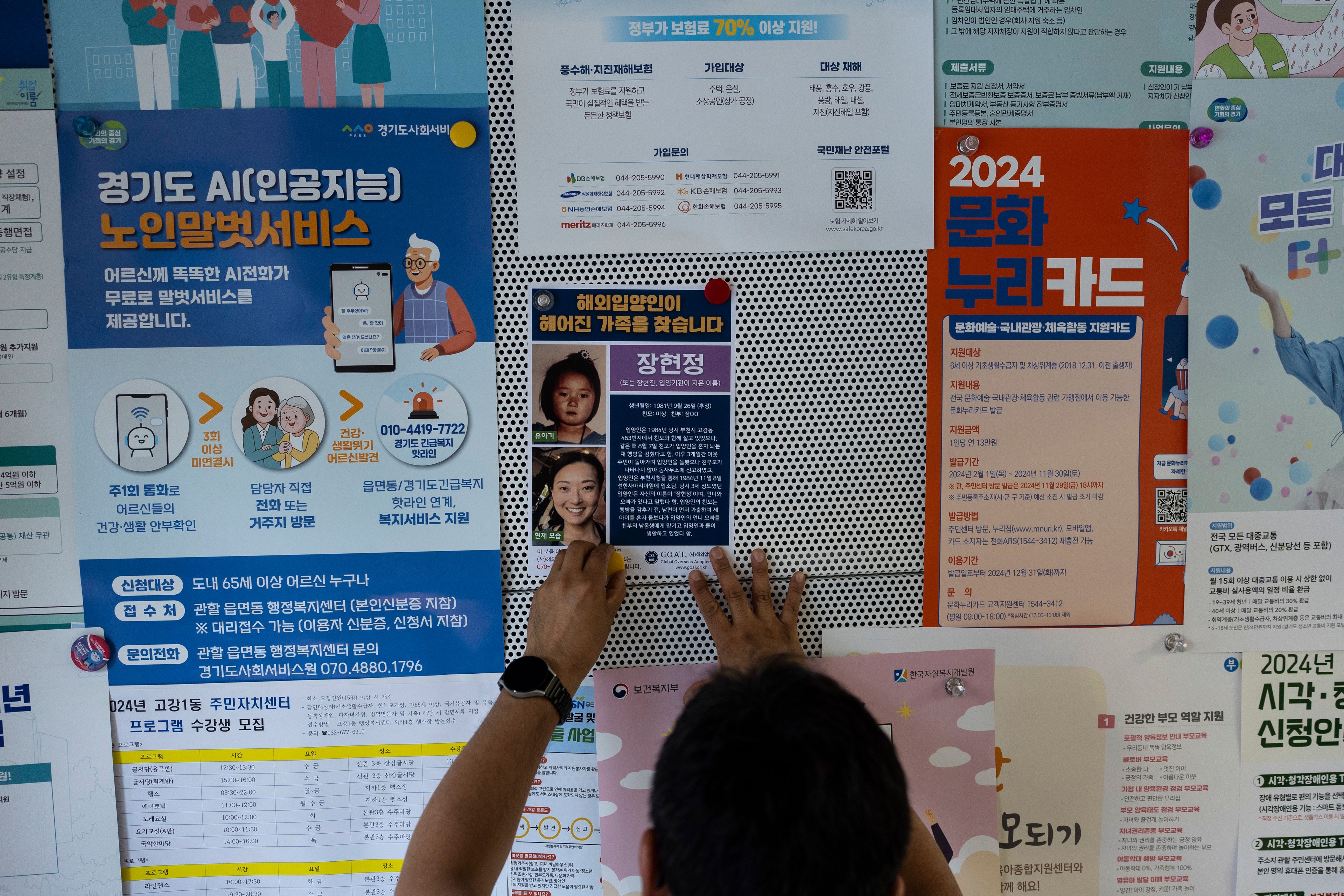 A city worker posts a flier on the crowded bulletin board of a government office in Bucheon, South Korea, Thursday, May 30, 2024. The flier, featuring two photos of Nicole Motta, an adoptee now residing in Los Angeles, taken as a toddler and an adult, was provided by the Global Overseas Adoptees' Link as part of Motta's search for her birth family. (AP Photo/Jae C. Hong)