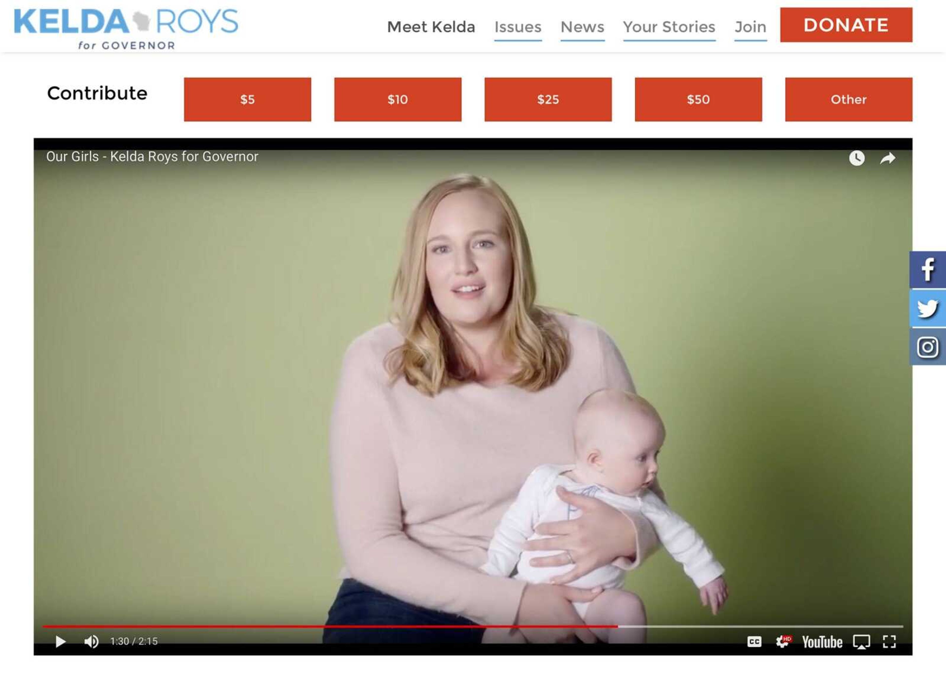 This image made from the keldaforgovernor.com campaign website shows Kelda Roys in a video posted March 6, holding her youngest daughter. In the ad, Roys highlights her efforts in the Wisconsin state legislature to ban the chemical known as BPA from baby bottles and cups in the state.