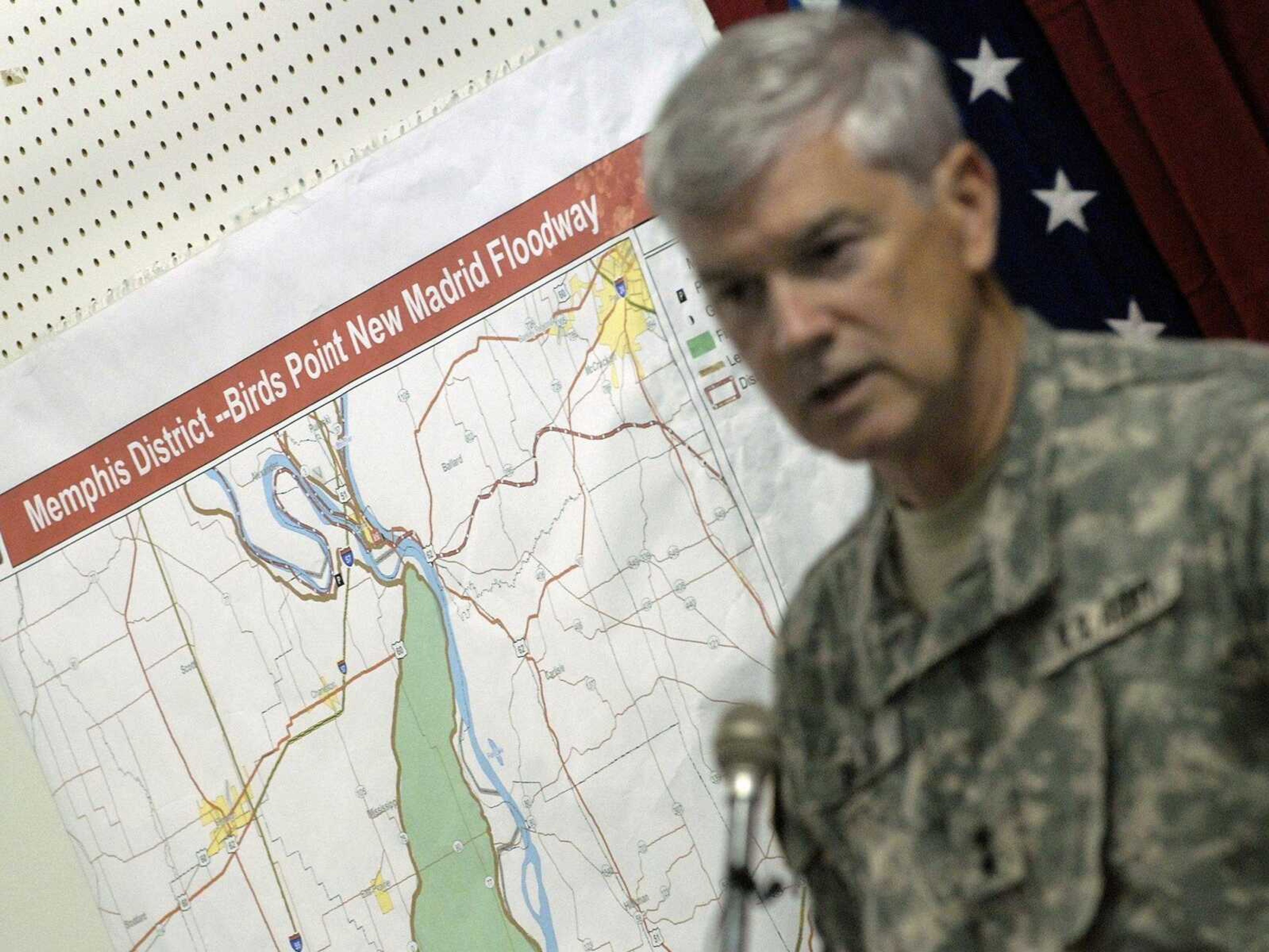 Maj. Gen. Michael Walsh speaks about Birds Point levee during a press conference Saturday, April 30, 2011 in Sikeston, Mo. (Laura Simon)