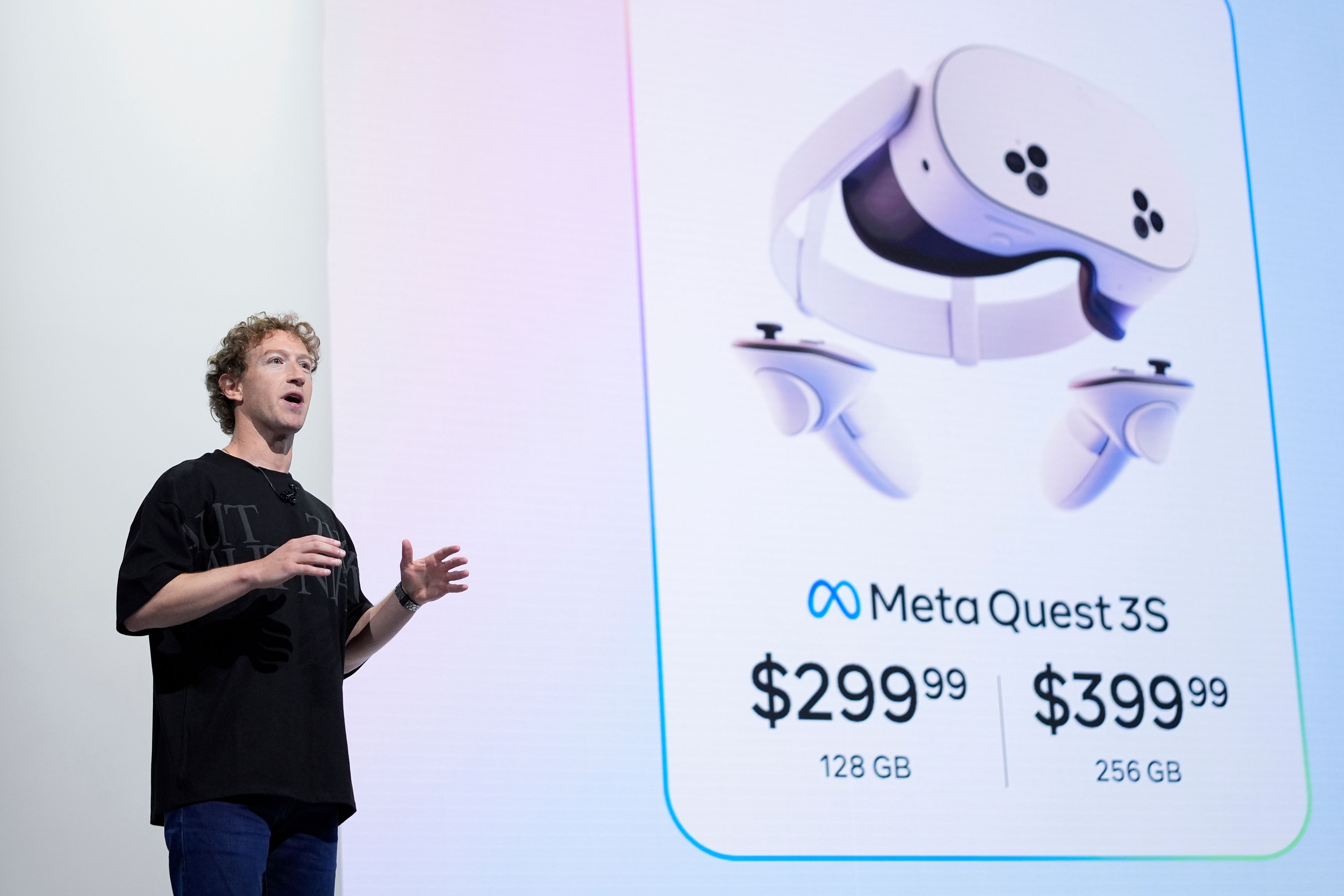 Mark Zuckerberg talks about the Meta Quest 3S during the Meta Connect conference Wednesday, Sept. 25, 2024, in Menlo Park, Calif. (AP Photo/Godofredo A. Vásquez)