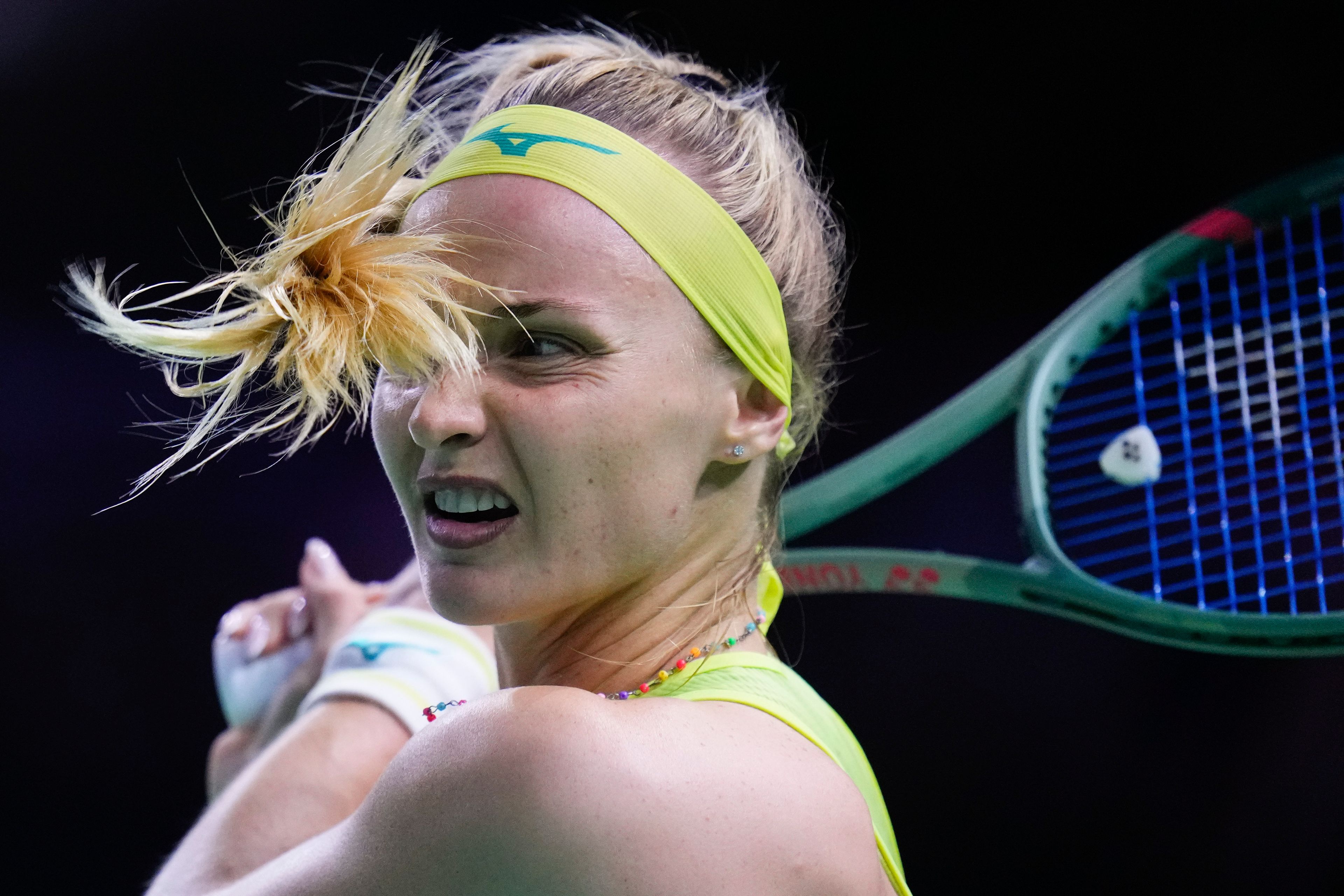 Slovakia's Rebecca Sramkova competes against Great Britain's Katie Boulter during a Billie Jean King Cup semi-final match at Martin Carpena Sports Hall in Malaga, southern Spain, on Tuesday, Nov. 19, 2024. (AP Photo/Manu Fernandez)