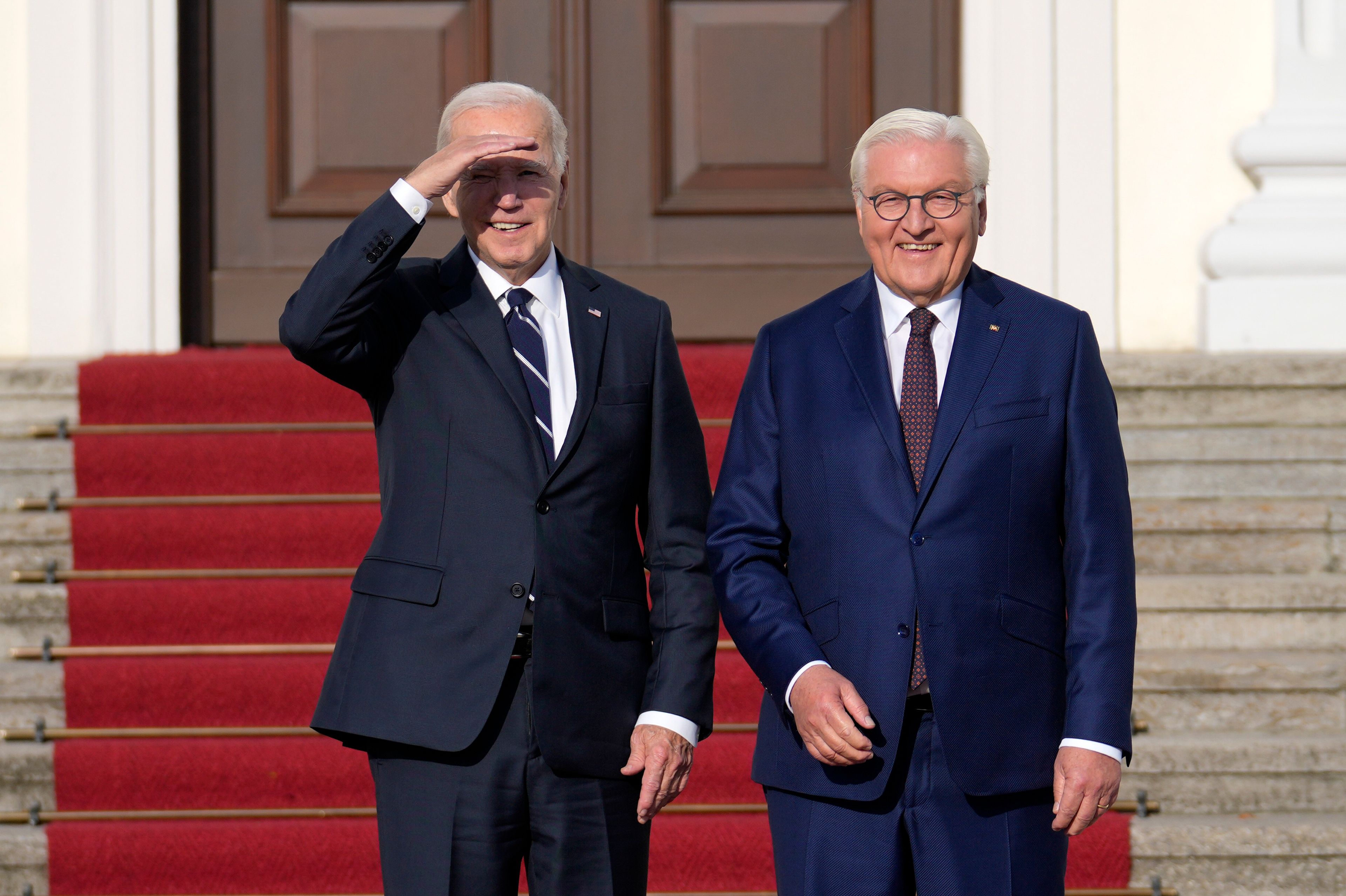 President Joe Biden and German President Frank-Walter Steinmeier watching the media during the welcoming ceremony at Bellevue Palace in Berlin, Germany, Friday, Oct. 18, 2024. (AP Photo/Ebrahim Noroozi)