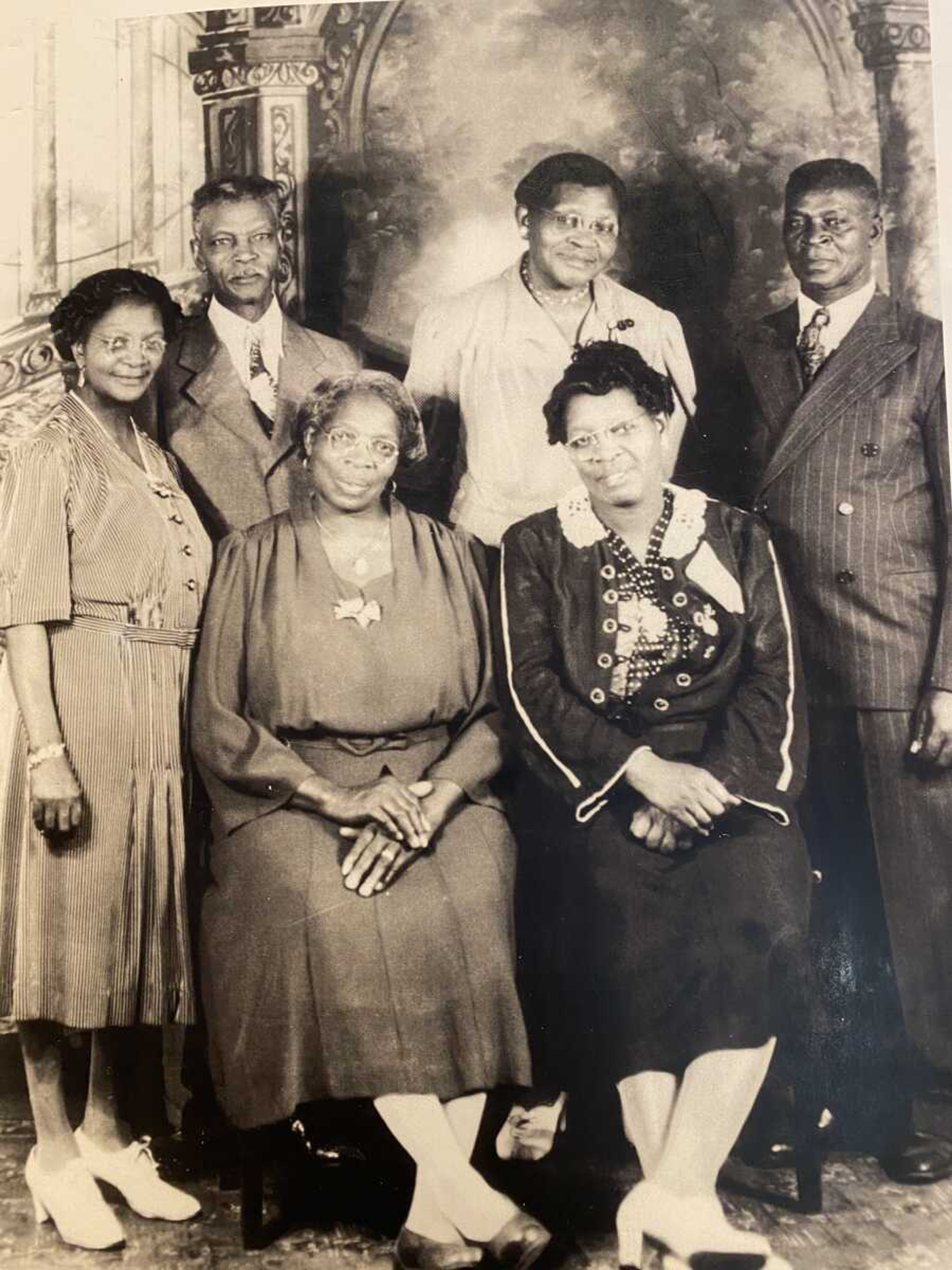 Jones family siblings, circa 1938. These were the planners and players of the 1910s and '20s-era Jones family Christmas house parties. Their children, nieces and nephews filled in many supplemental roles. Seated are, from left, Beatrice and Hattie. Standing are Eugenia, John, Ellen and Enoch. Missing from the photo is Rose Xenia, the first born of the siblings. This photo was likely taken when the siblings came home to Cape Girardeau for Rose's funeral in 1938. Enoch and wife, Mamie Jones, were the only family to remain in Cape Girardeau for another generation.