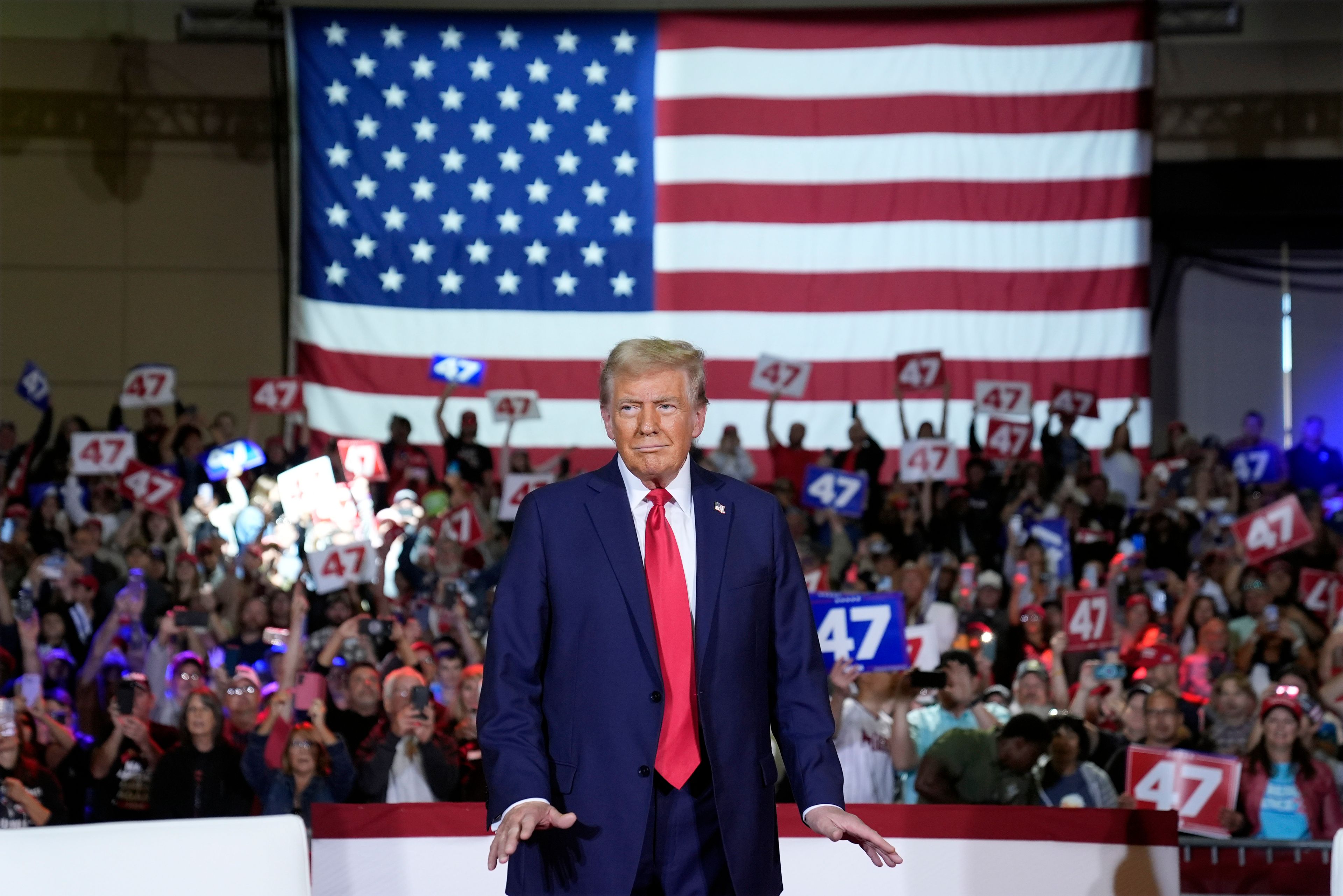 Republican presidential nominee former President Donald Trump arrives for a town hall at Lancaster County Convention Center, Sunday, Oct. 20, 2024, in Lancaster, Pa. (AP Photo/Evan Vucci)