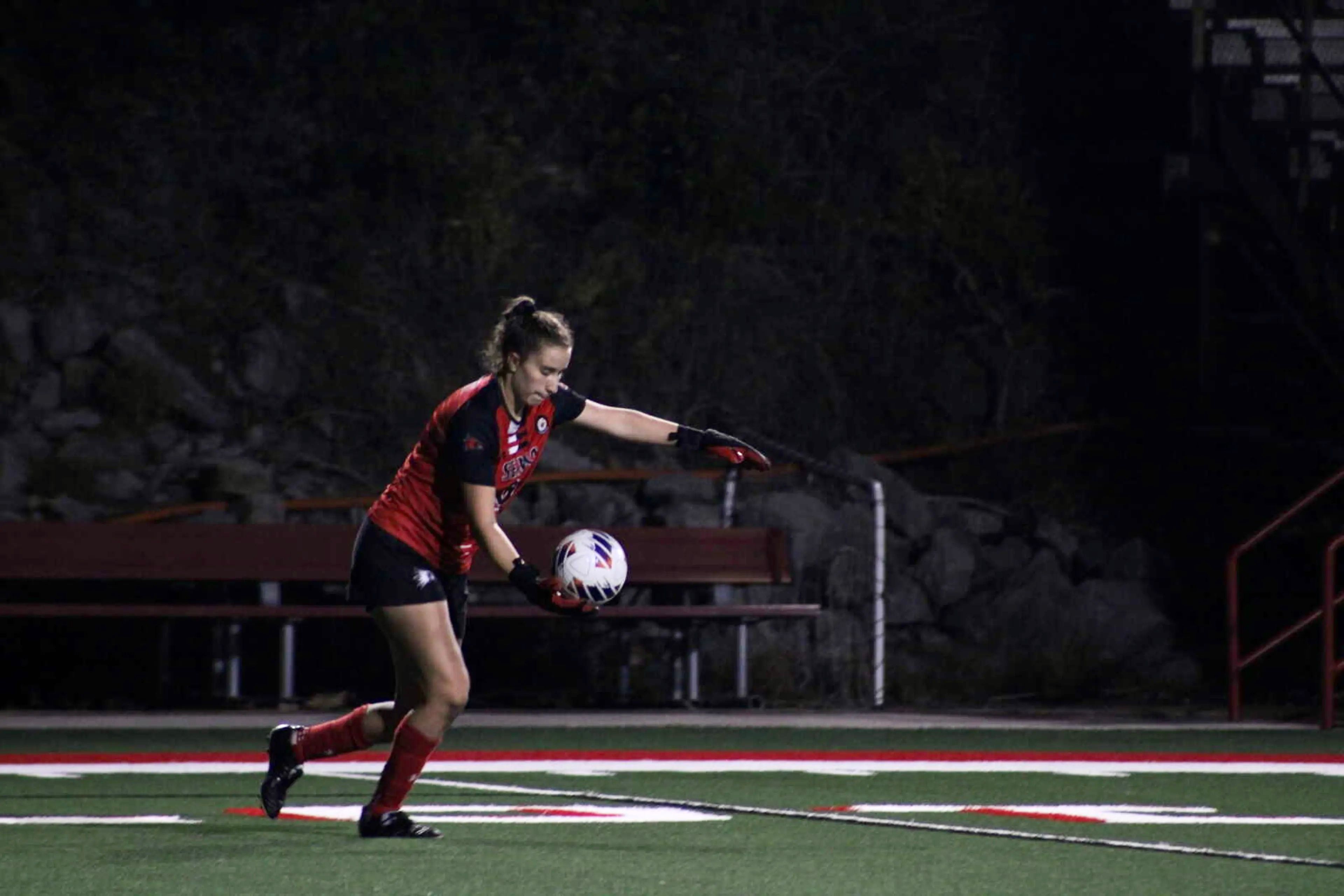 Sophomore goalkeeper Sophia Elfrink prepares to kick the ball during Thursday's game.