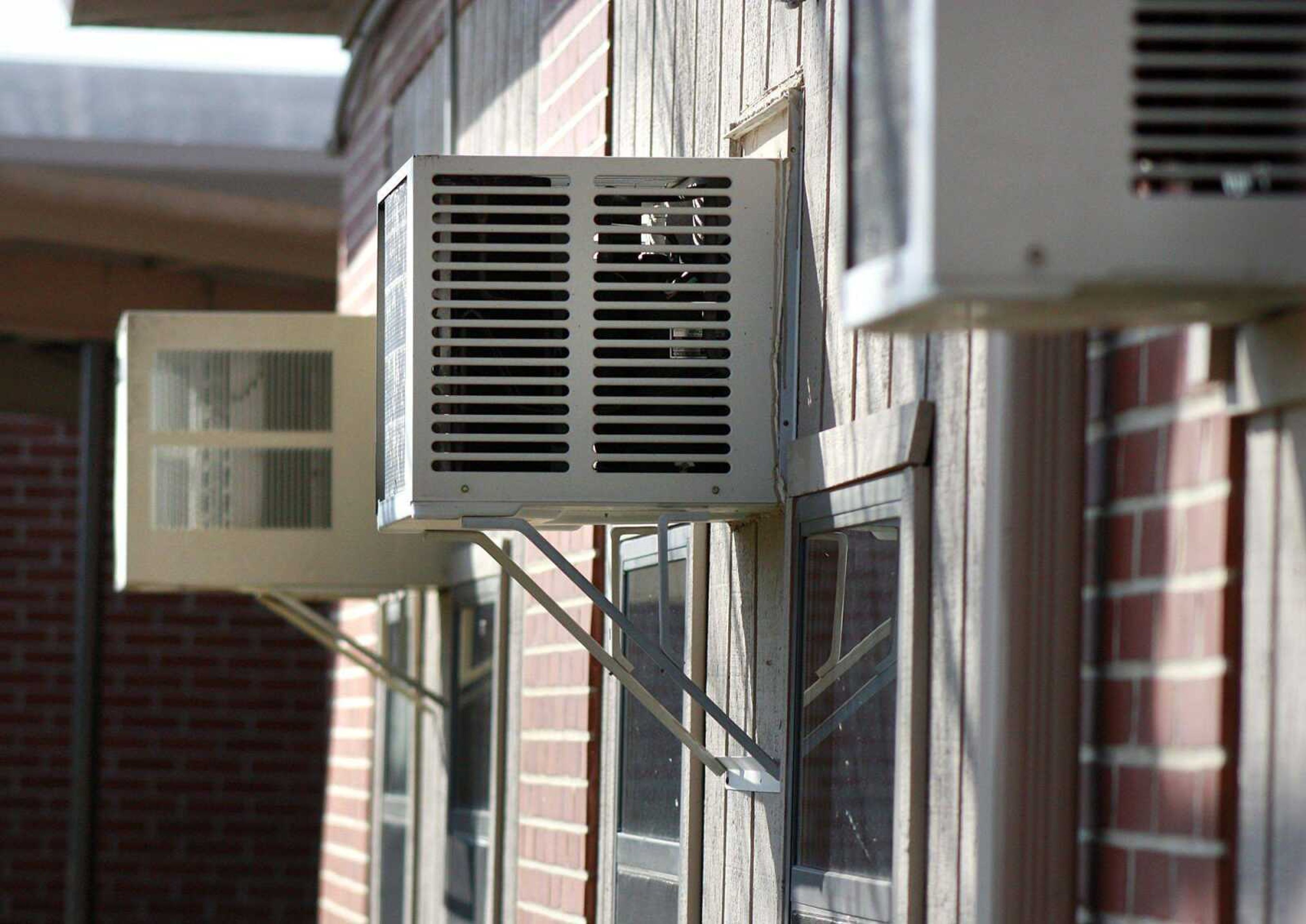 Window air conditioning units, seen here Friday, are used to cool classrooms at Oak Ridge Elementary School. The Oak Ridge School District is placing a $1.5 million bond issue before voters in April that would fund improvements such as the heating and air system, roof, bathrooms and electrical system in the school. (BOB MILLER)