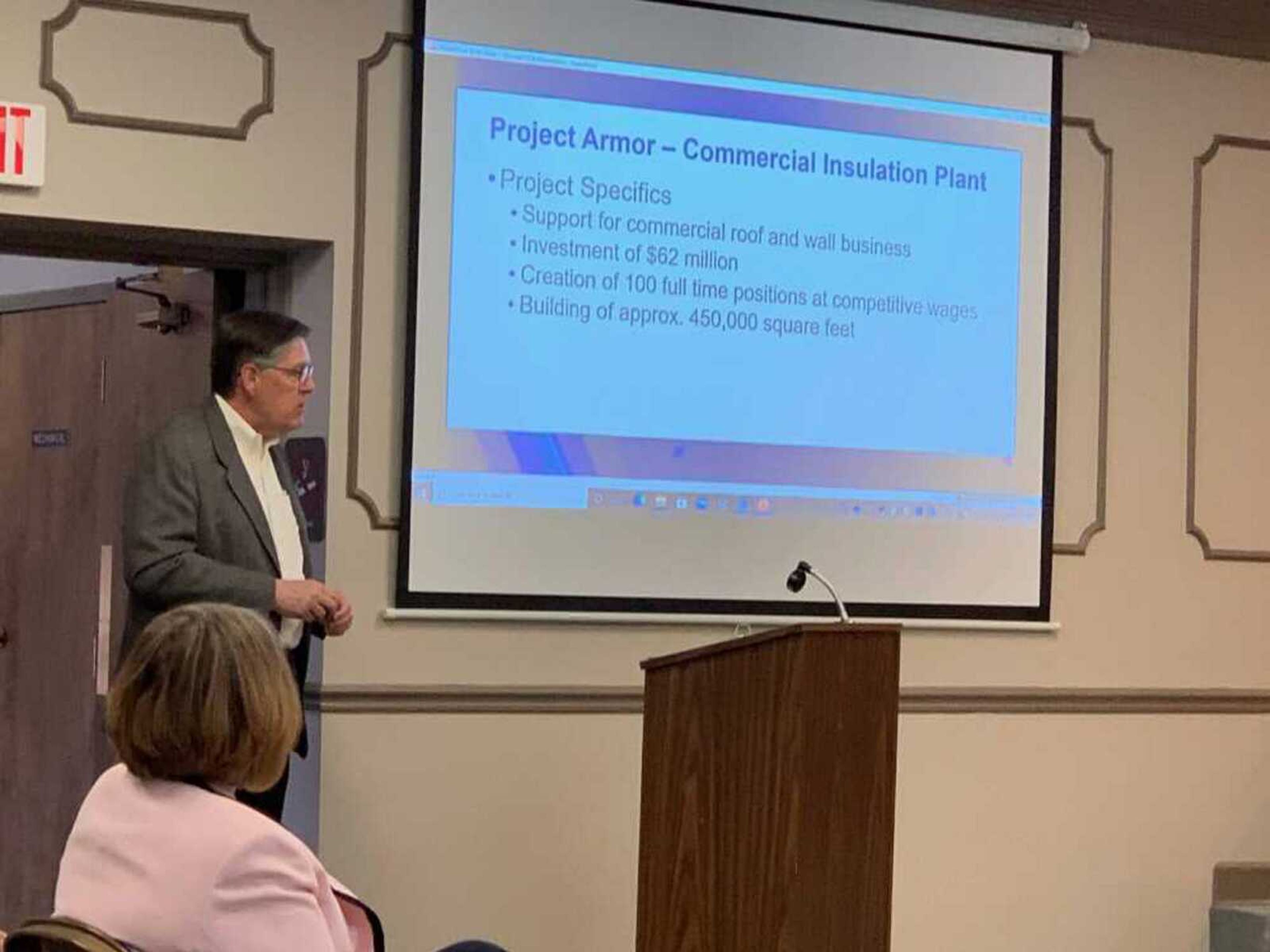 Bob Stout, Carlisle Construction Materials executive vice president of operations and supply chain, speaks during a Sikeston (Missouri) City Council meeting Friday afternoon. CCM has announced plans to construct a manufacturing facility in Sikeston