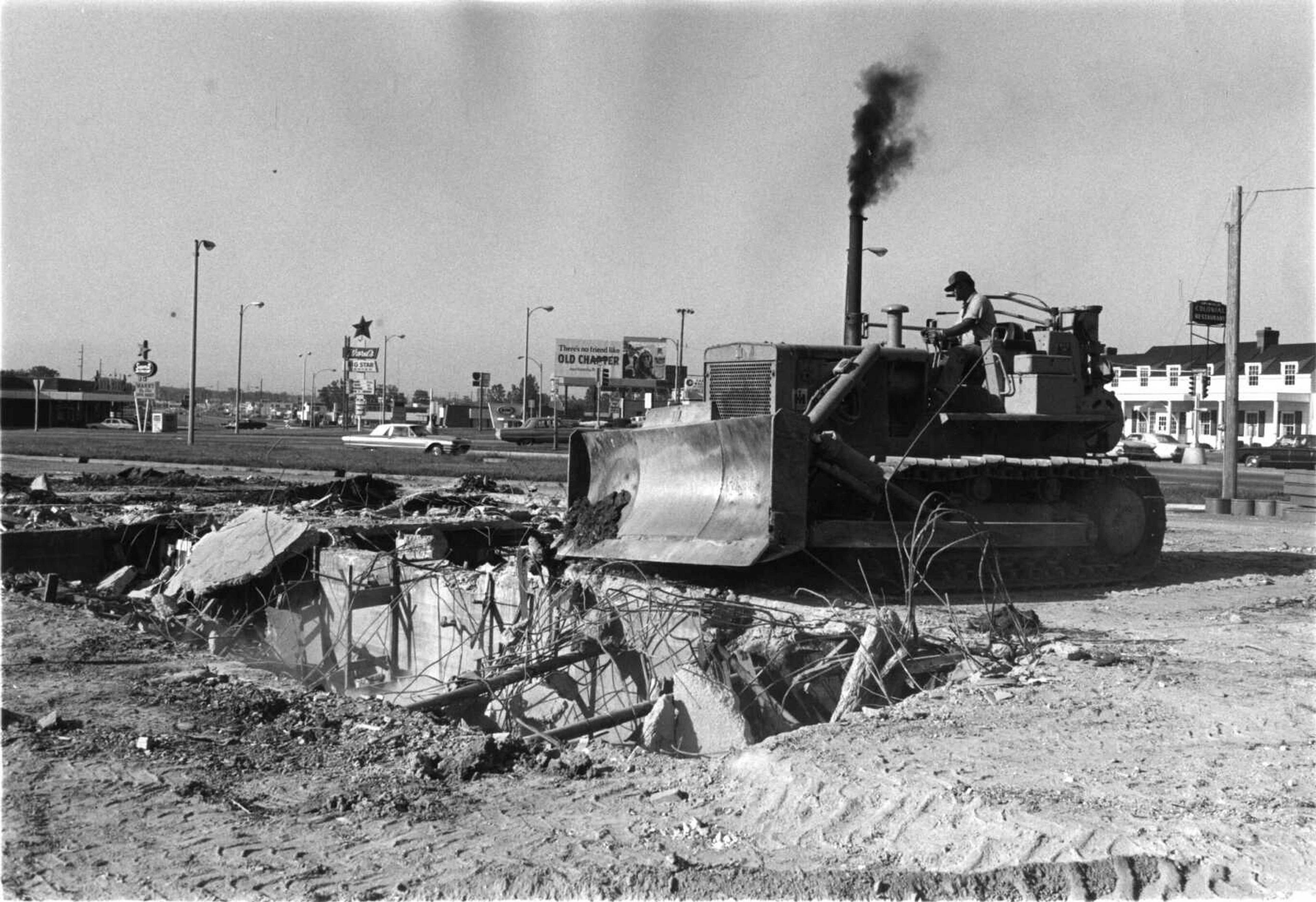 Ray Yeager of Cape Girardeau, a bulldozer operator for Drury Construction Co., completed the leveling of the Alvarado in 1971.