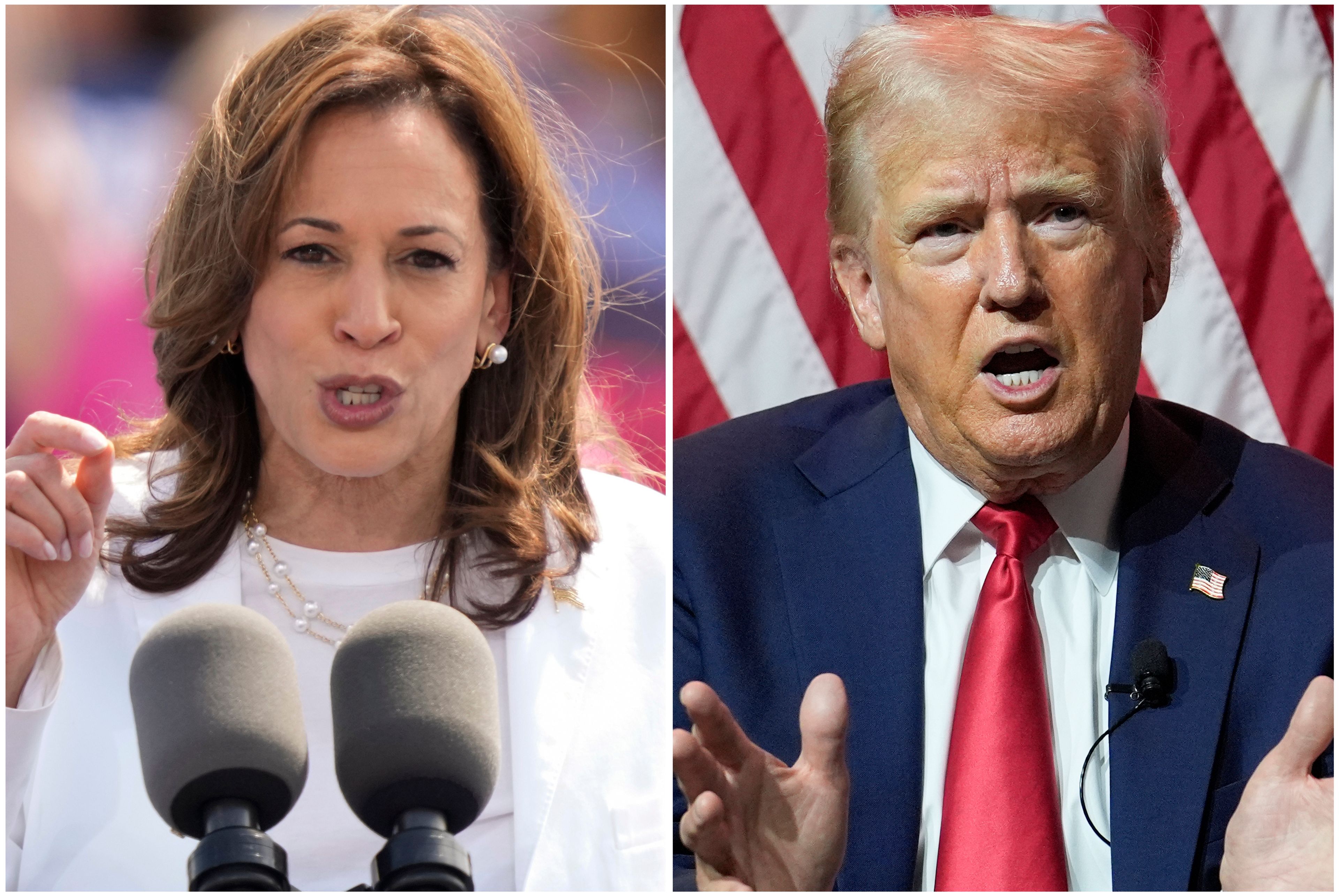 This combination of photos shows Vice President Kamala Harris, left, on Aug. 7, 2024, and Republican presidential candidate former President Donald Trump on July 31, 2024. (AP Photo/Charles Rex Arbogast)