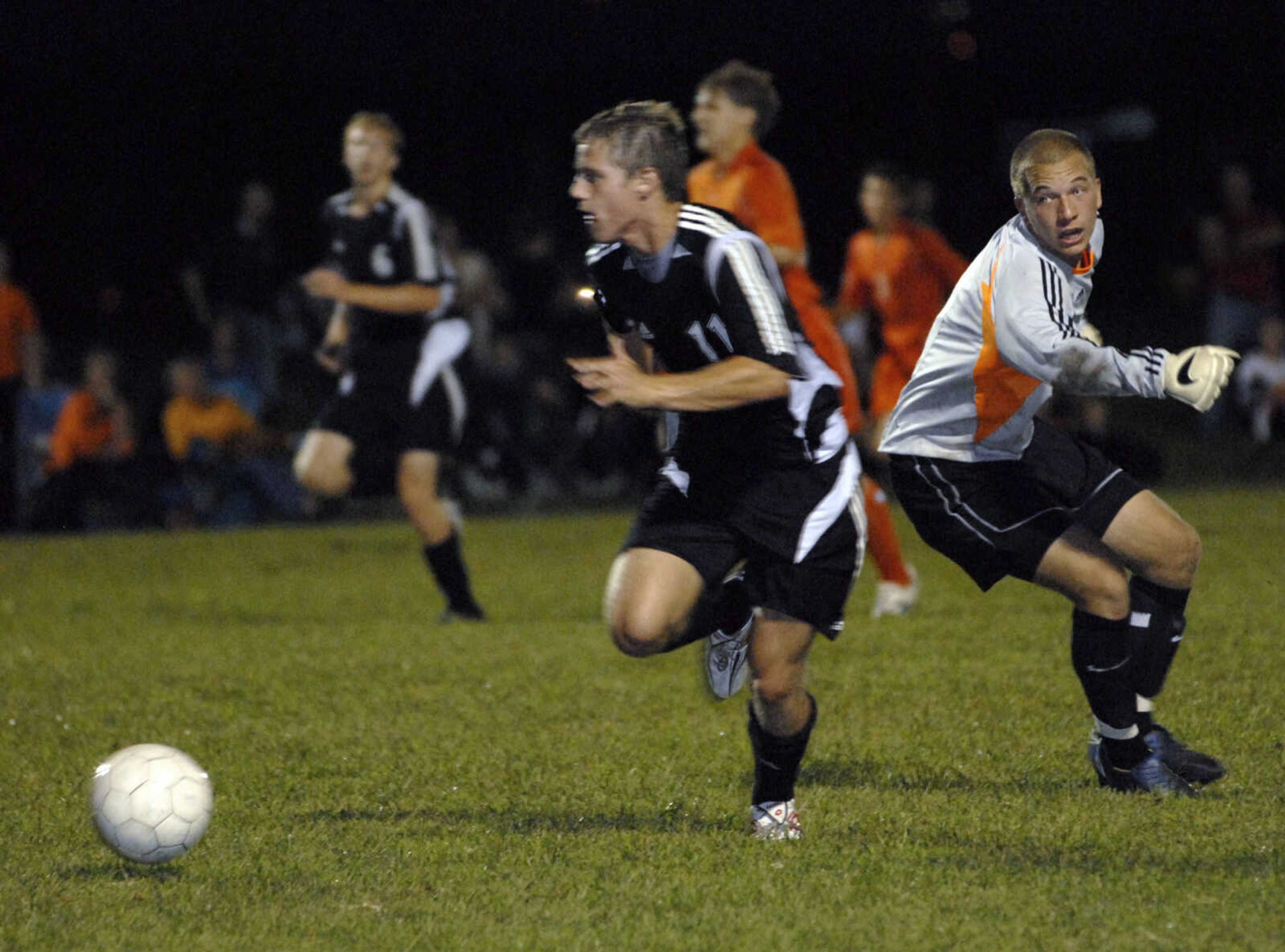 FRED LYNCH ~ flynch@semissourian.com
Jackson's Law Duncan pushes past Central goalkeeper Jamie Pickel to score a goal for Jackson in the first half Tuesday at Central.