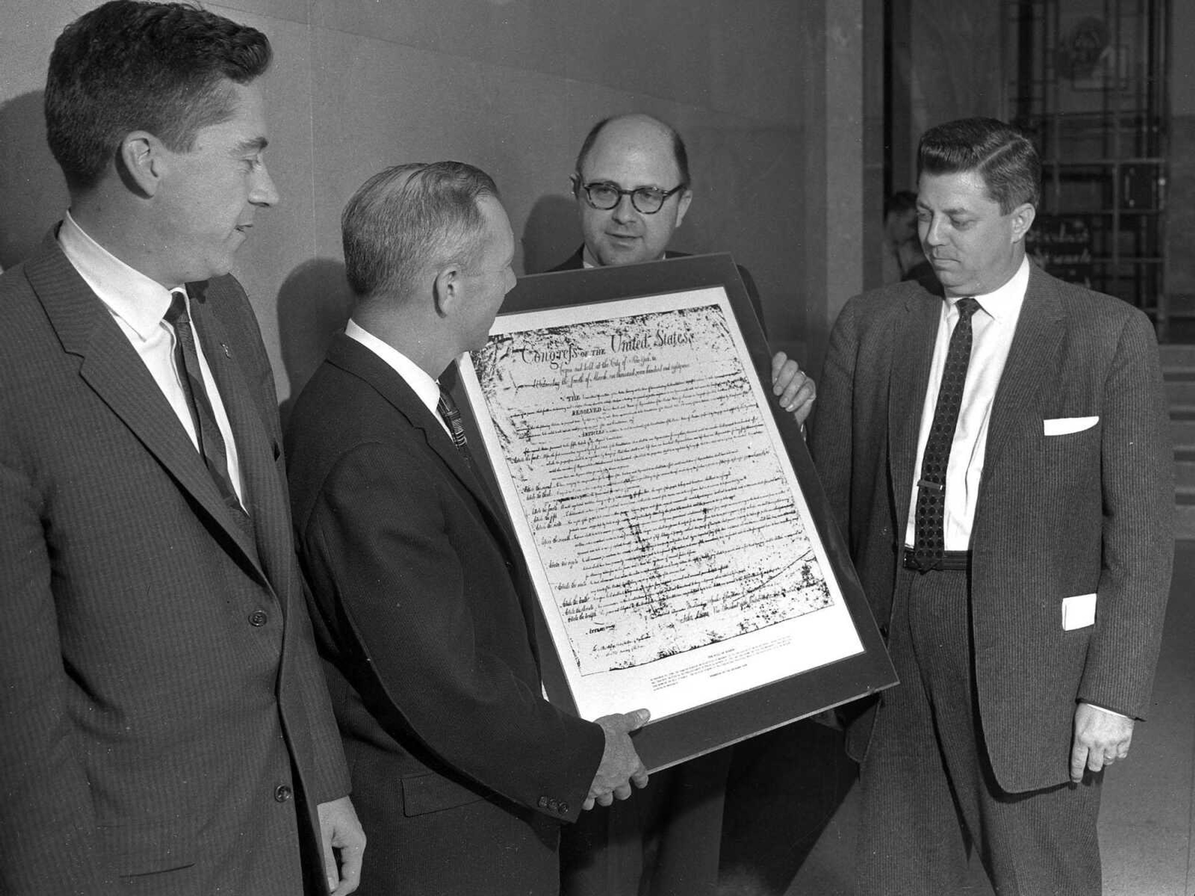 This may be a presentation of our country's founding documents to a local school. If you can provide information about this image, send librarian Sharon Sanders a note at ssanders@semissourian.com.