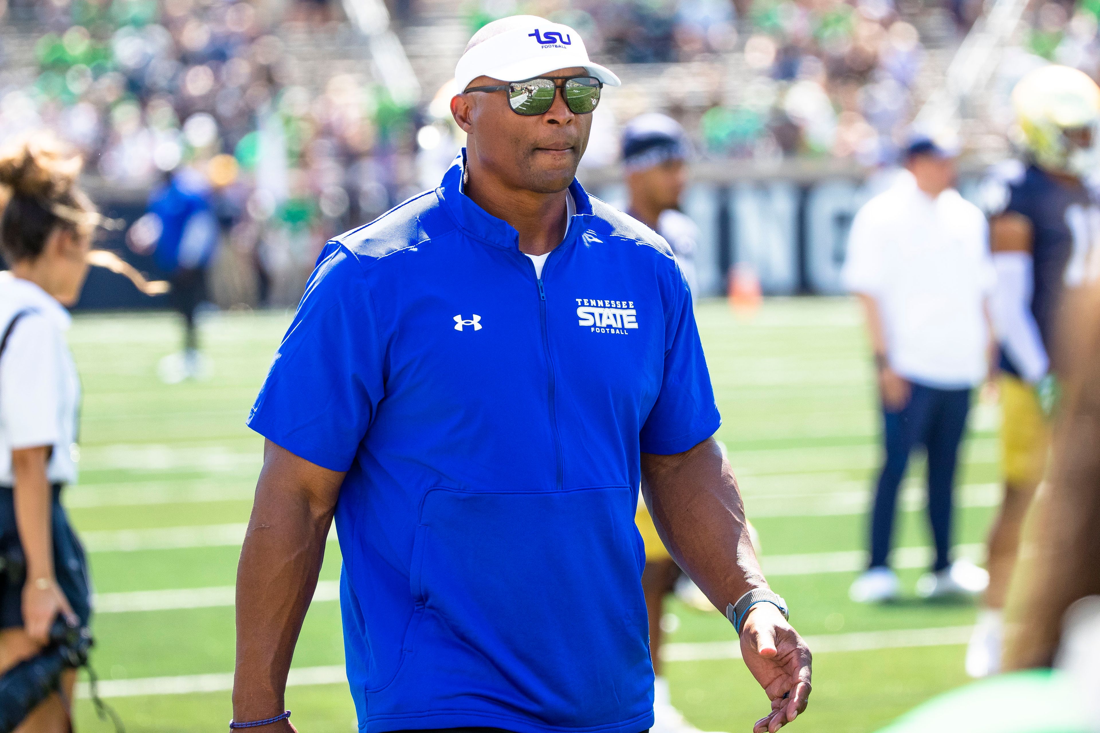 Tennessee State head coach Eddie George walks to the locker room before the first half of an NCAA college football game against Notre Dame on Saturday, Sept. 2, 2023, in South Bend, Ind.