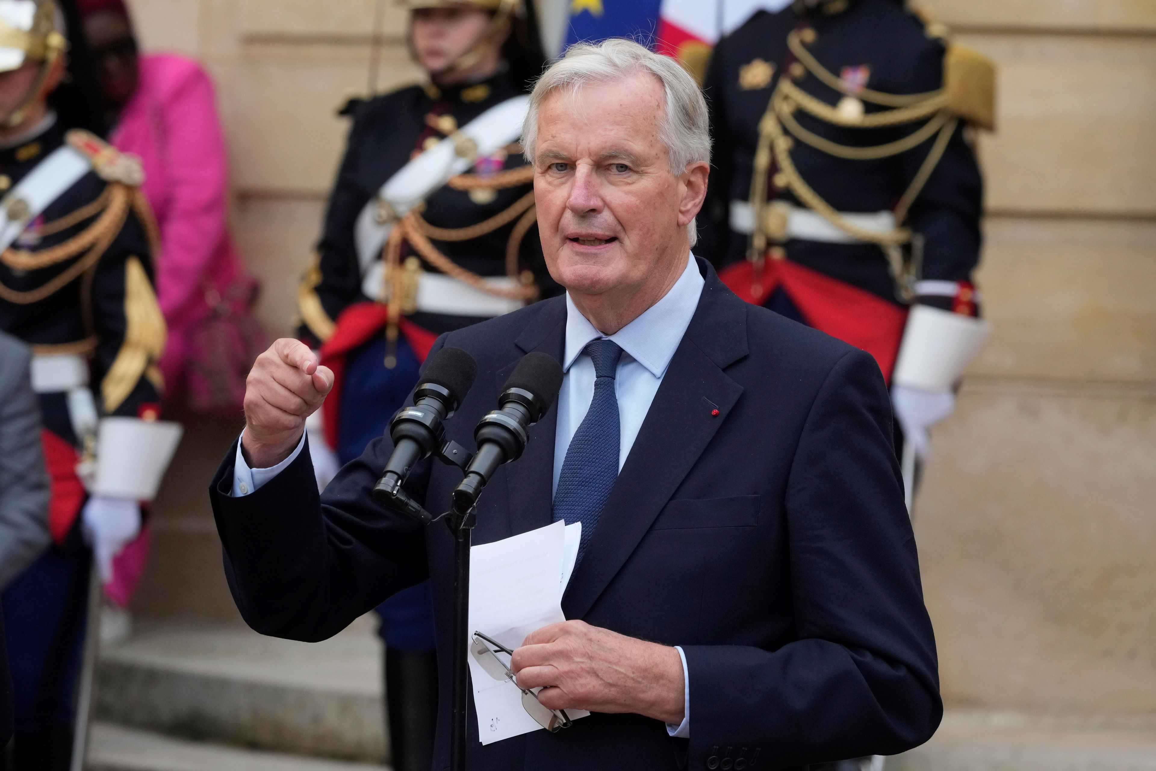 New French prime minister Michel Barnier delivers a speech during the handover ceremony, Thursday, Sept. 5, 2024 in Paris. President Emmanuel Macron has named EU's Brexit negotiator Michel Barnier as France's new prime minister after more than 50 days of caretaker government. (AP Photo/Michel Euler)