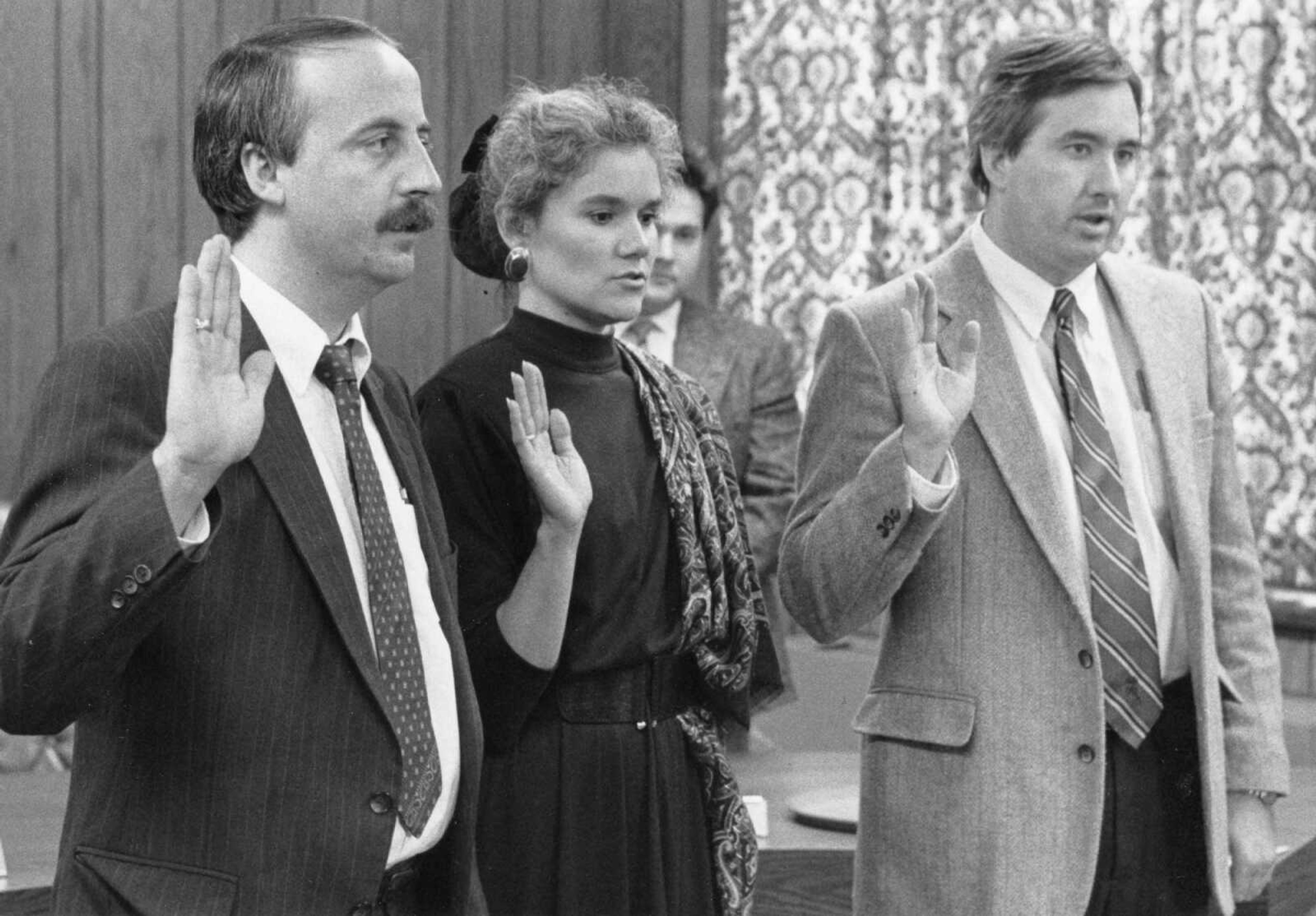 Published April 8, 1990.
Newly elected Cape Girardeau City Council members Doug Richards, left, and Mary Wulfers, and re-elected Councilman David Limbaugh took the oath of office at City Hall. Also sworn in was incumbent Mayor Gene Rhodes. (Southeast Missourian archive)