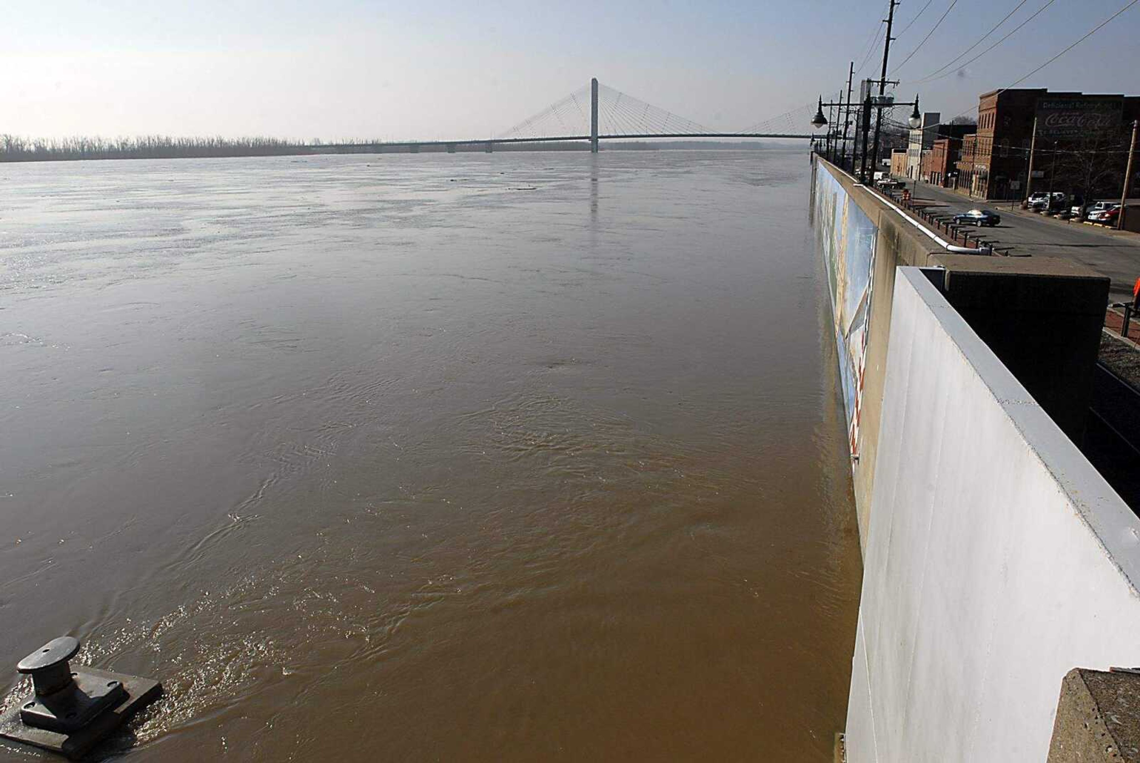 KIT DOYLE ~ kdoyle@semissourian.com
The swollen Mississippi River, facing south, from atop the closed Broadway flood gate in downtown Cape Girardeau.