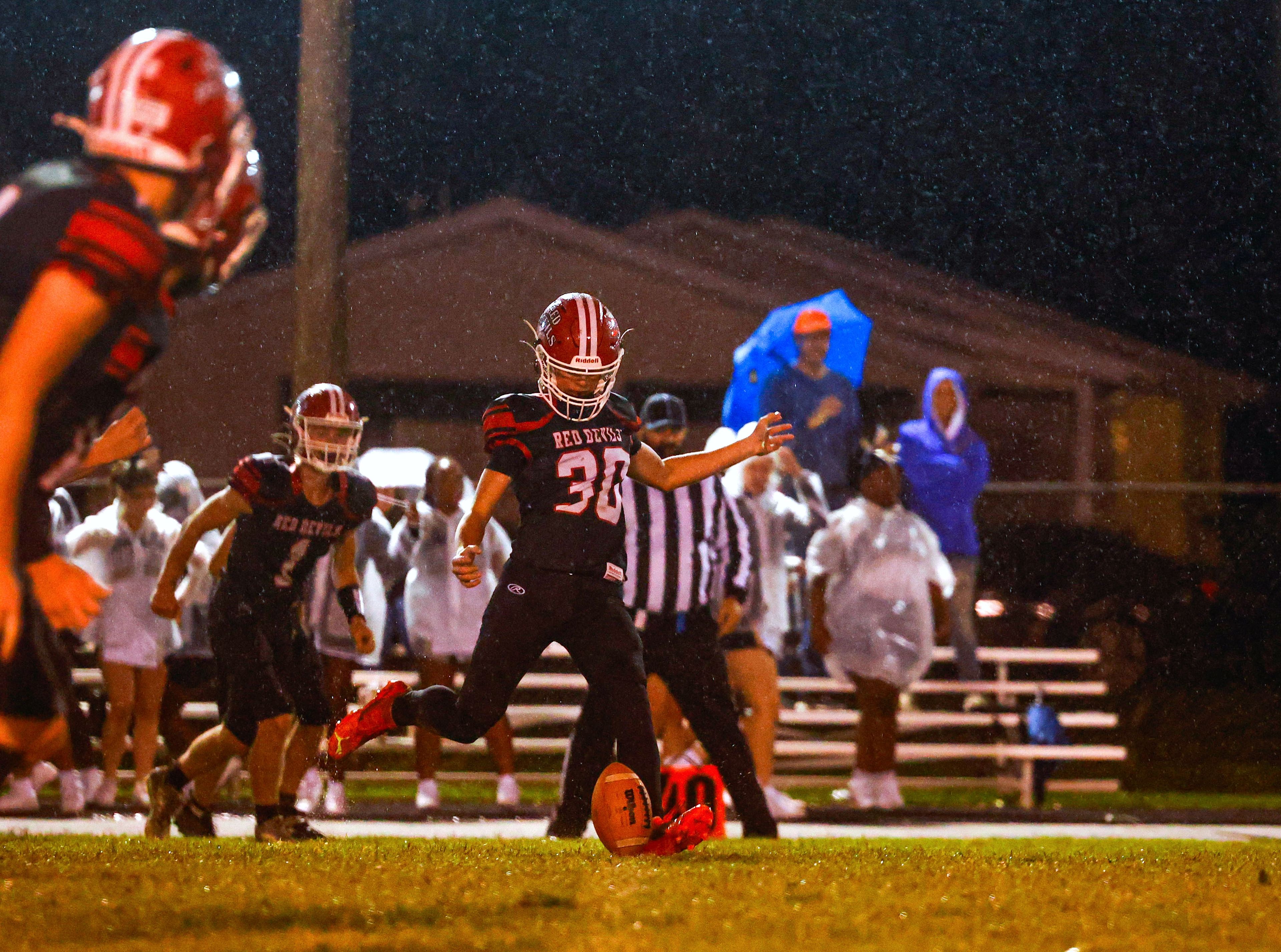 Chaffee Kicker, Hayden Held, sends the ball down field to start off the 2nd half of play against Principia at Chaffee High School on Friday, September 27th.