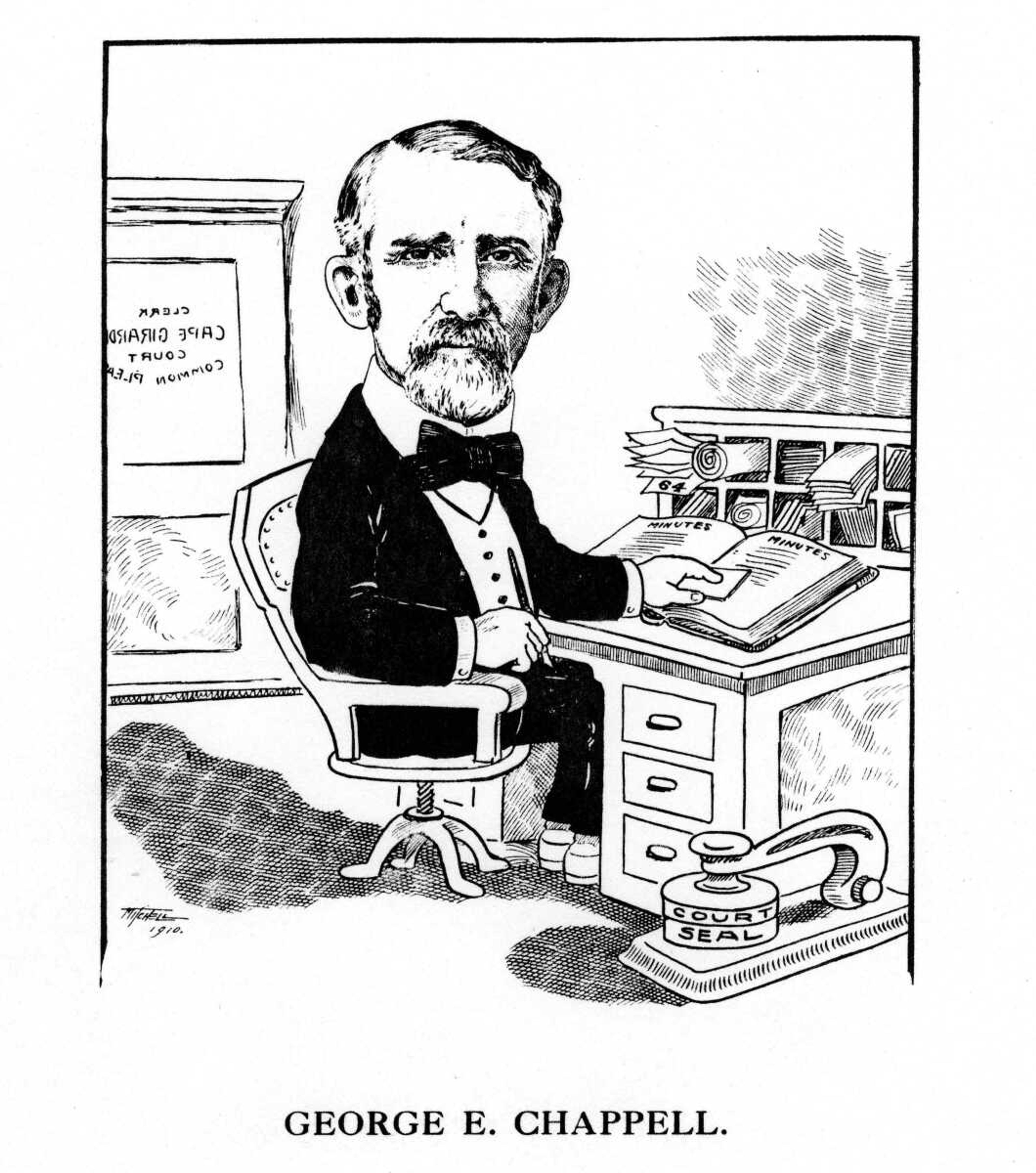 Owing to his long time spent in the public service, one of the best-known men in Cape Girardeau city and county is George E. Chappell. For a long time he has been clerk of the Common Pleas court and for nearly as long a time he was city clerk.
Mr. Chappell got these positions through his ability. He is recognized as one of the most competent clerical men in the country and no man could be more obliging to the public. Besides his present position Mr. Chappell looks after his insurance business, which is very extensive. He is also secretary of a building and loan association. Mr. Chappell is a candidate for re-election as clerk of the Common Pleas court.