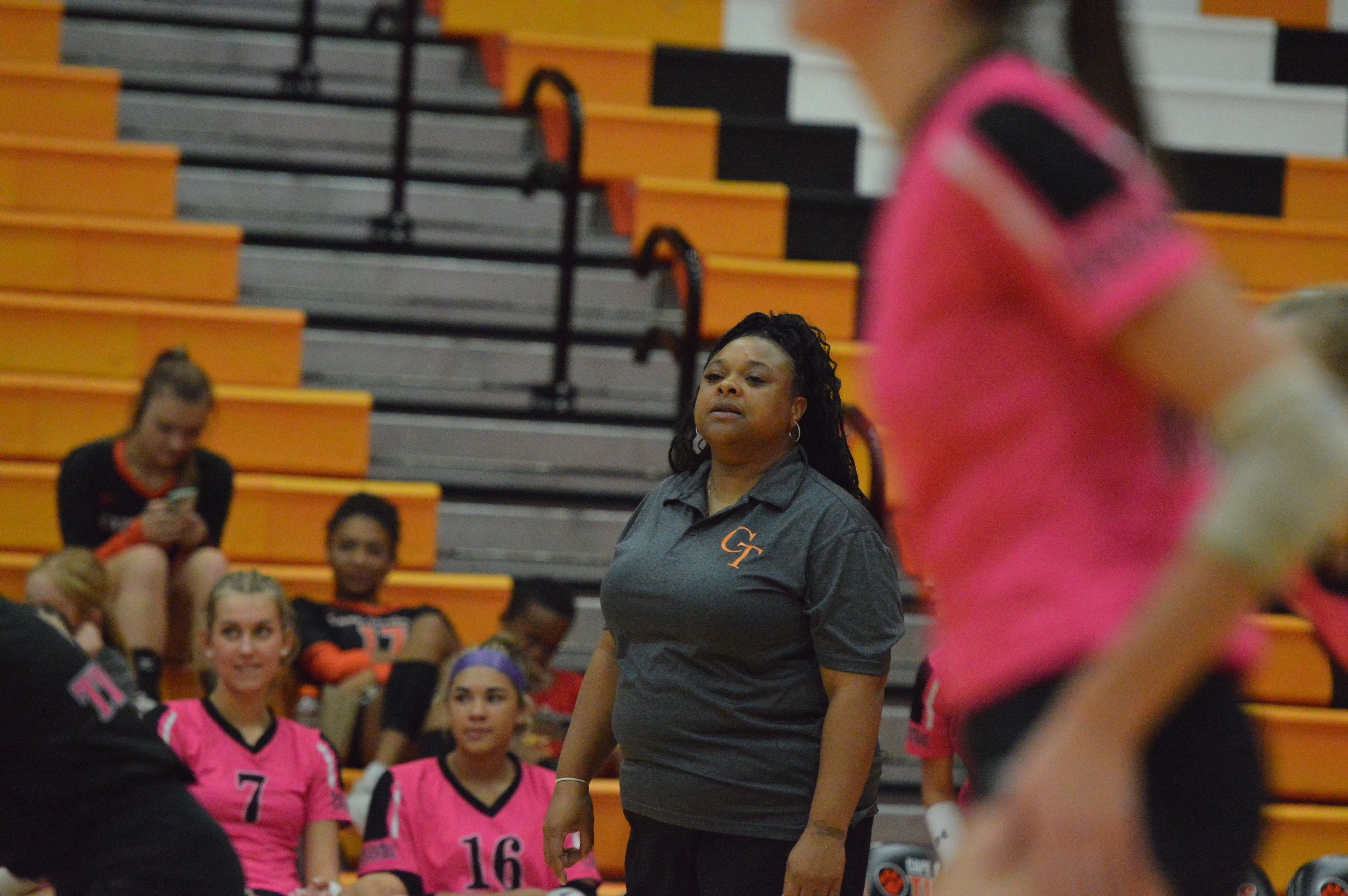 Cape Central first-year head coach Sommer McCauley-Perdue talks to her team from the sideline in a home match against Bernie on Monday, Sept. 16.