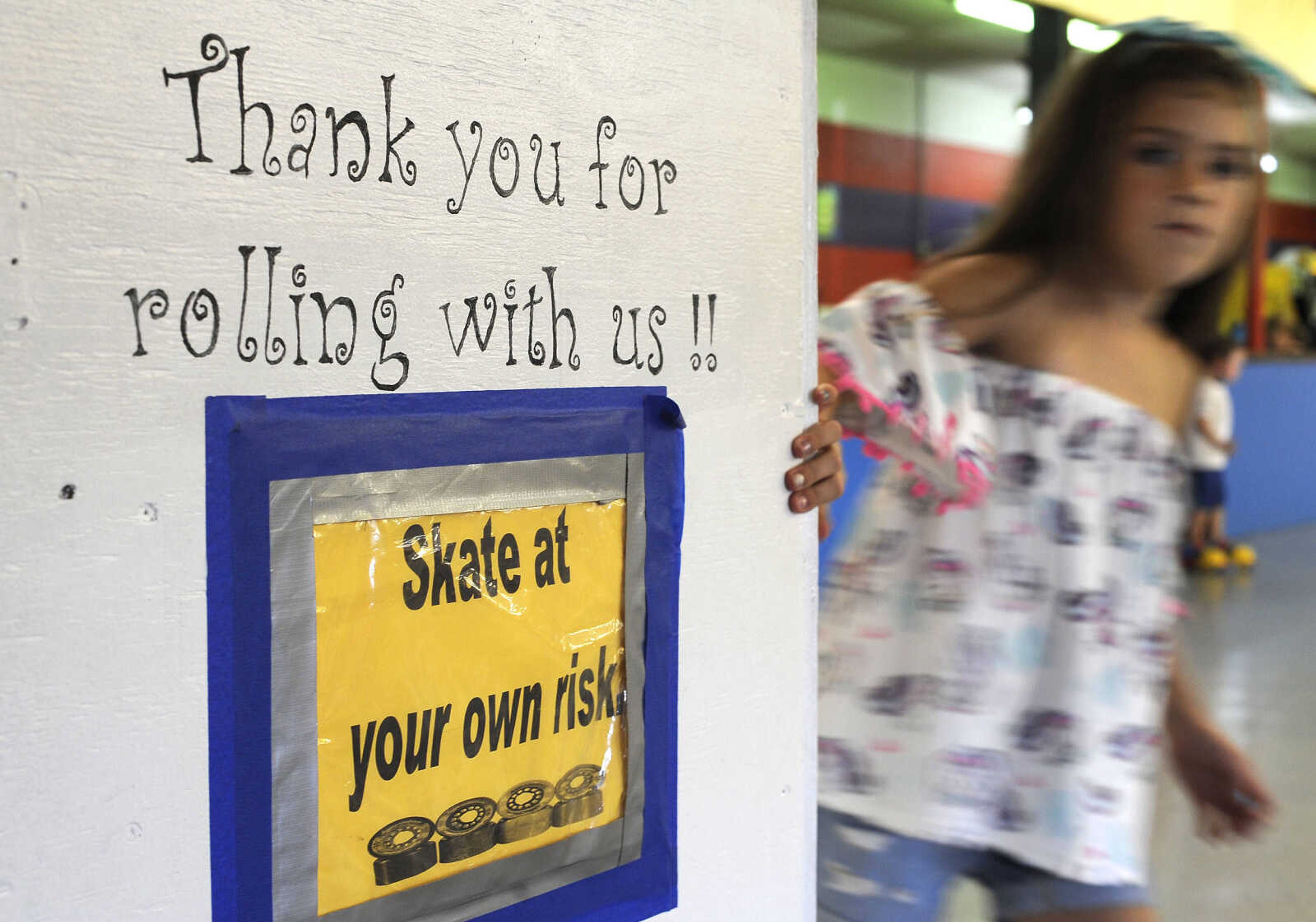 FRED LYNCH ~ flynch@semissourian.com
A sign reminds skaters they are responsible for their own safety as seen Sunday, Aug. 12, 2018 at Willow Grove Roller Rink in Chaffee, Missouri.