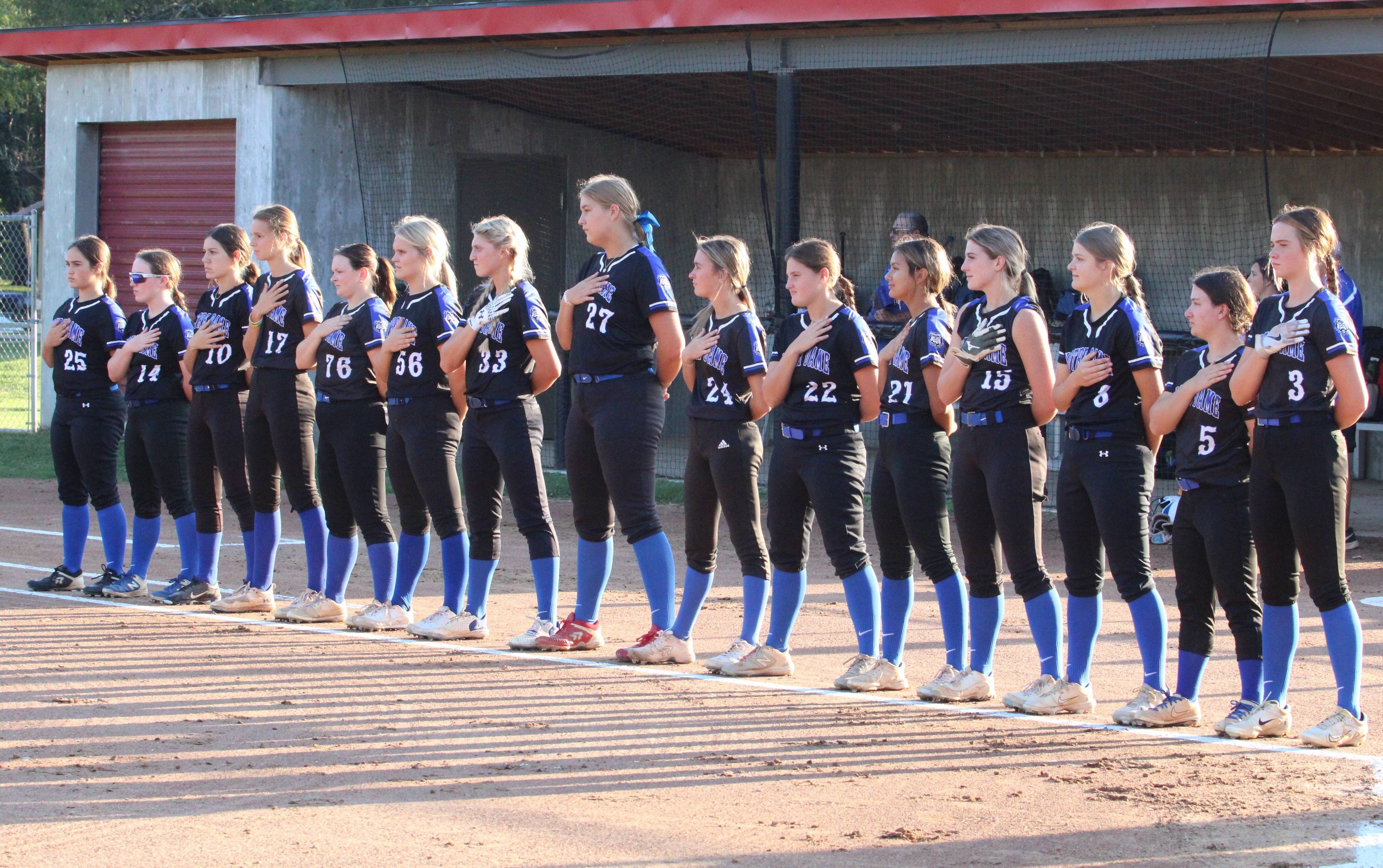 Notre Dame stands on the baseline during the National Anthem prior to the Thursday, September 26 game between the Bulldogs and Jackson at the Jackson City Park in Jackson, Mo. 