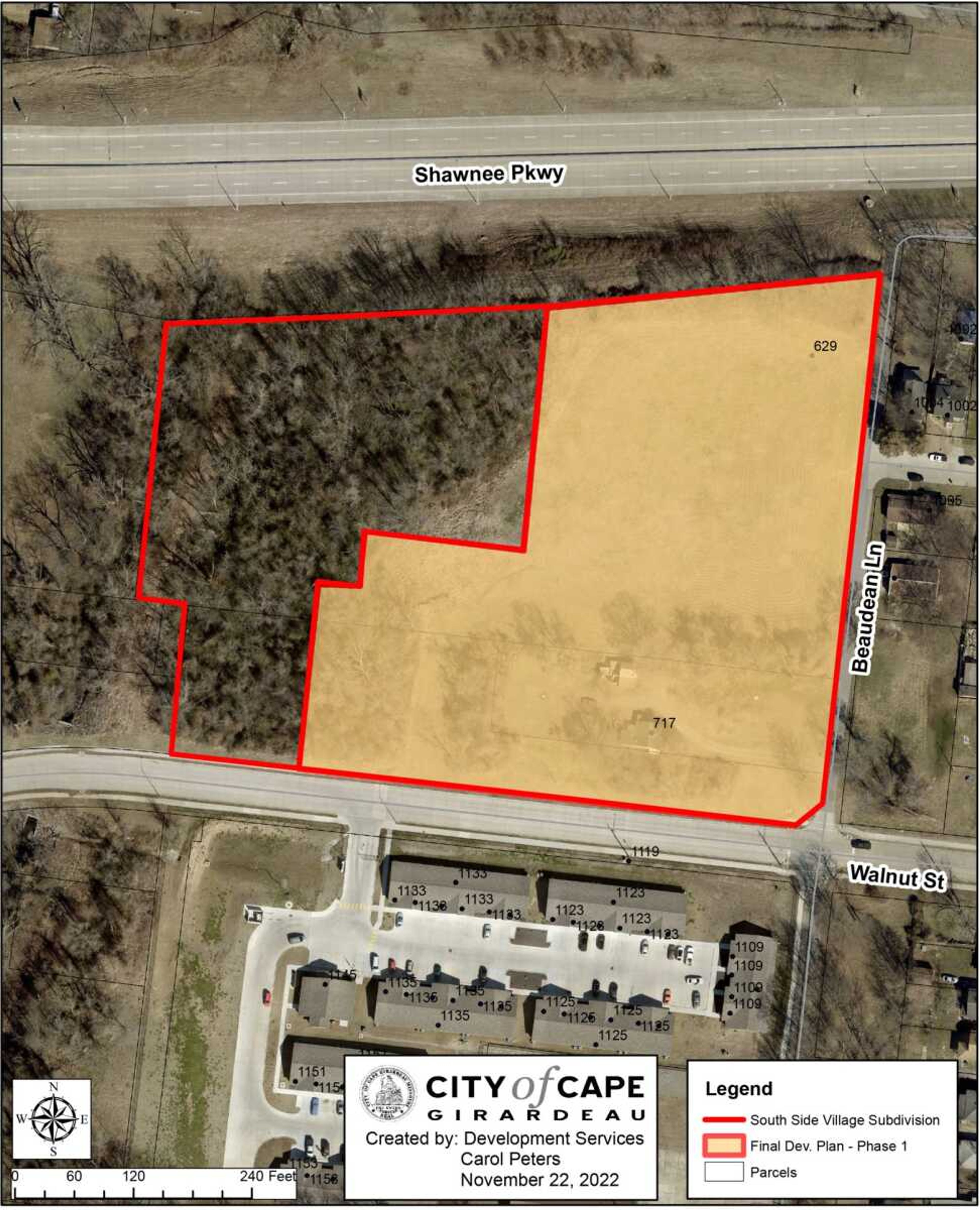 A map of the housing subdivision for Phase 1 of the South Side Farms development in Cape Girardeau. The development's goal is to provide access to food, health care and education for underserved communities in South Cape Girardeau.