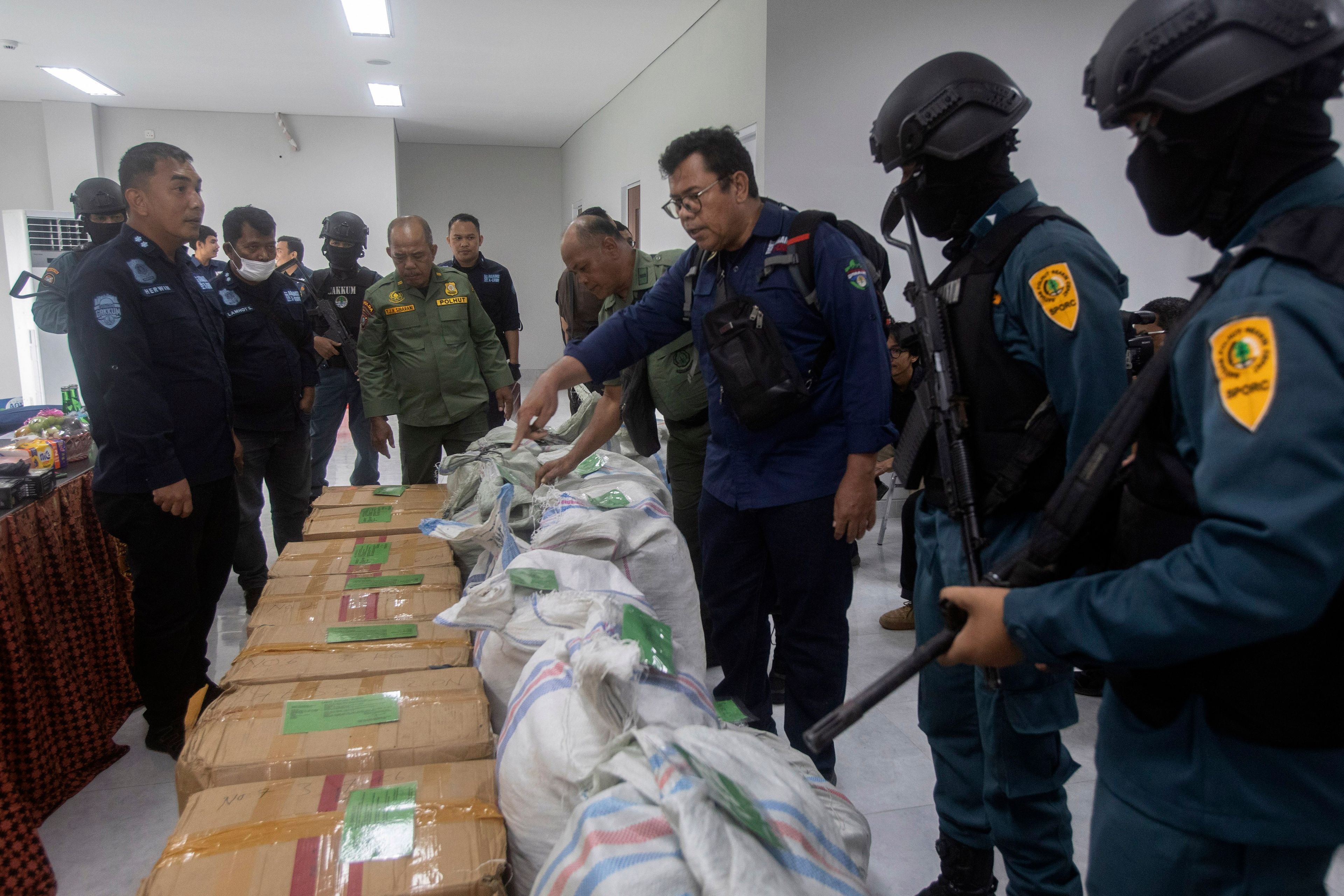 An Environment Ministry official inspect sacks and boxes containing pangolin scales confiscated from suspected smugglers during a press conference in Medan, North Sumatra, Indonesia, Tuesday, Nov. 26, 2024. (AP Photo/Binsar Bakkara)