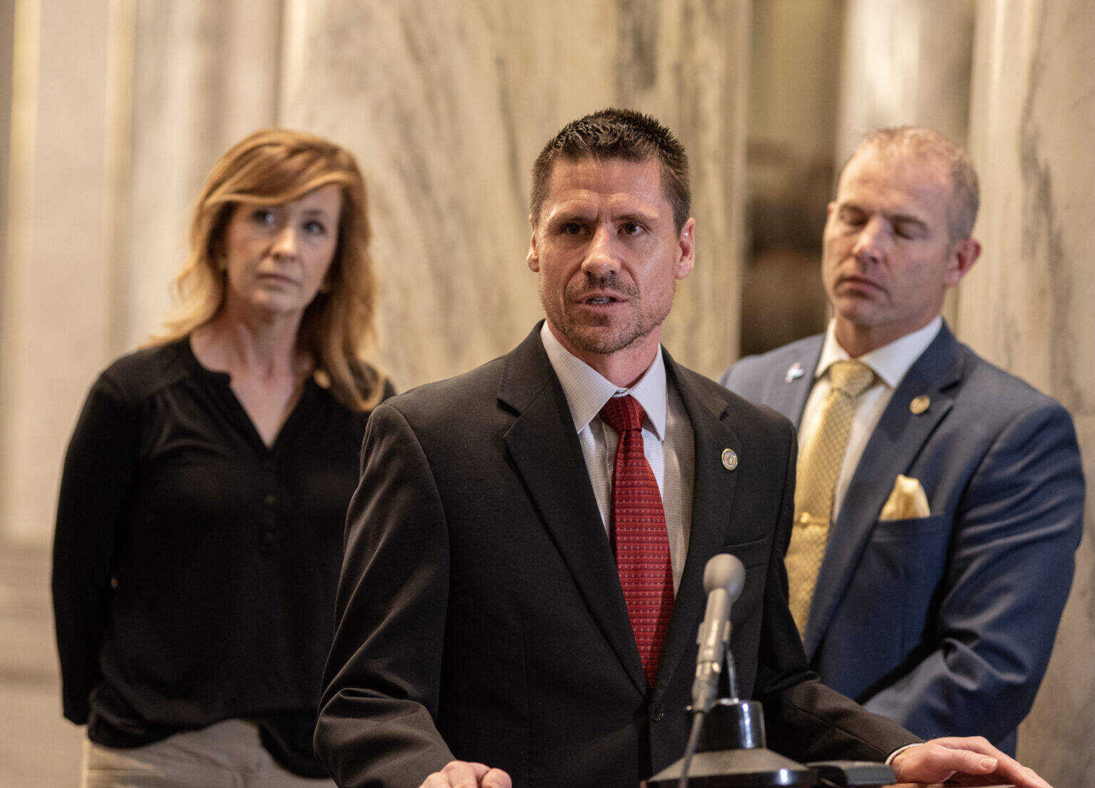 Sen. Andrew Koenig, R-Manchester, answers questions about his bill that would expand MOScholars at a press conference during the 2024 legislative session.