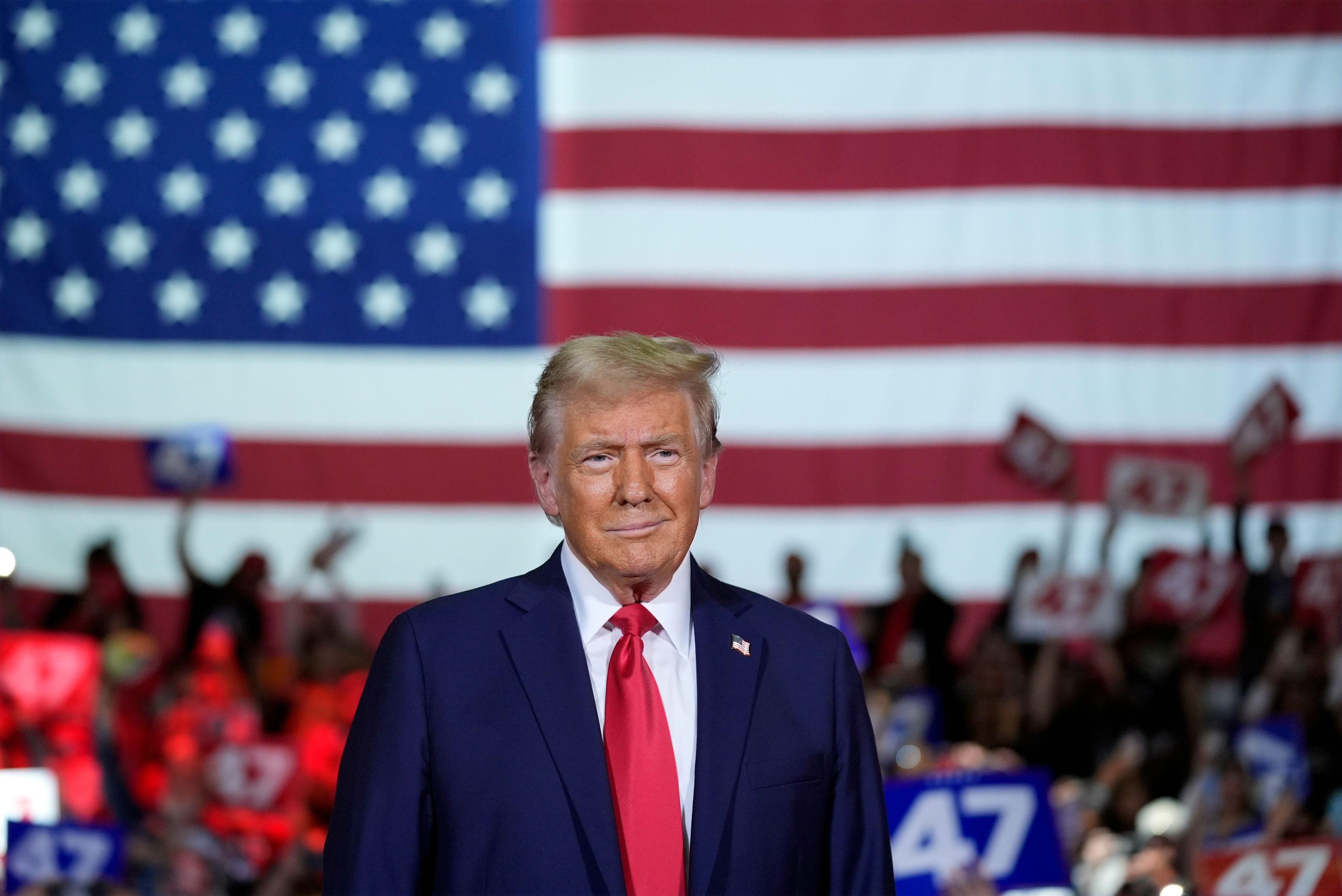 Republican presidential nominee former President Donald Trump arrives at a town hall at Lancaster County Convention Center, Sunday, Oct. 20, 2024, in Lancaster, Pa. (AP Photo/Evan Vucci)