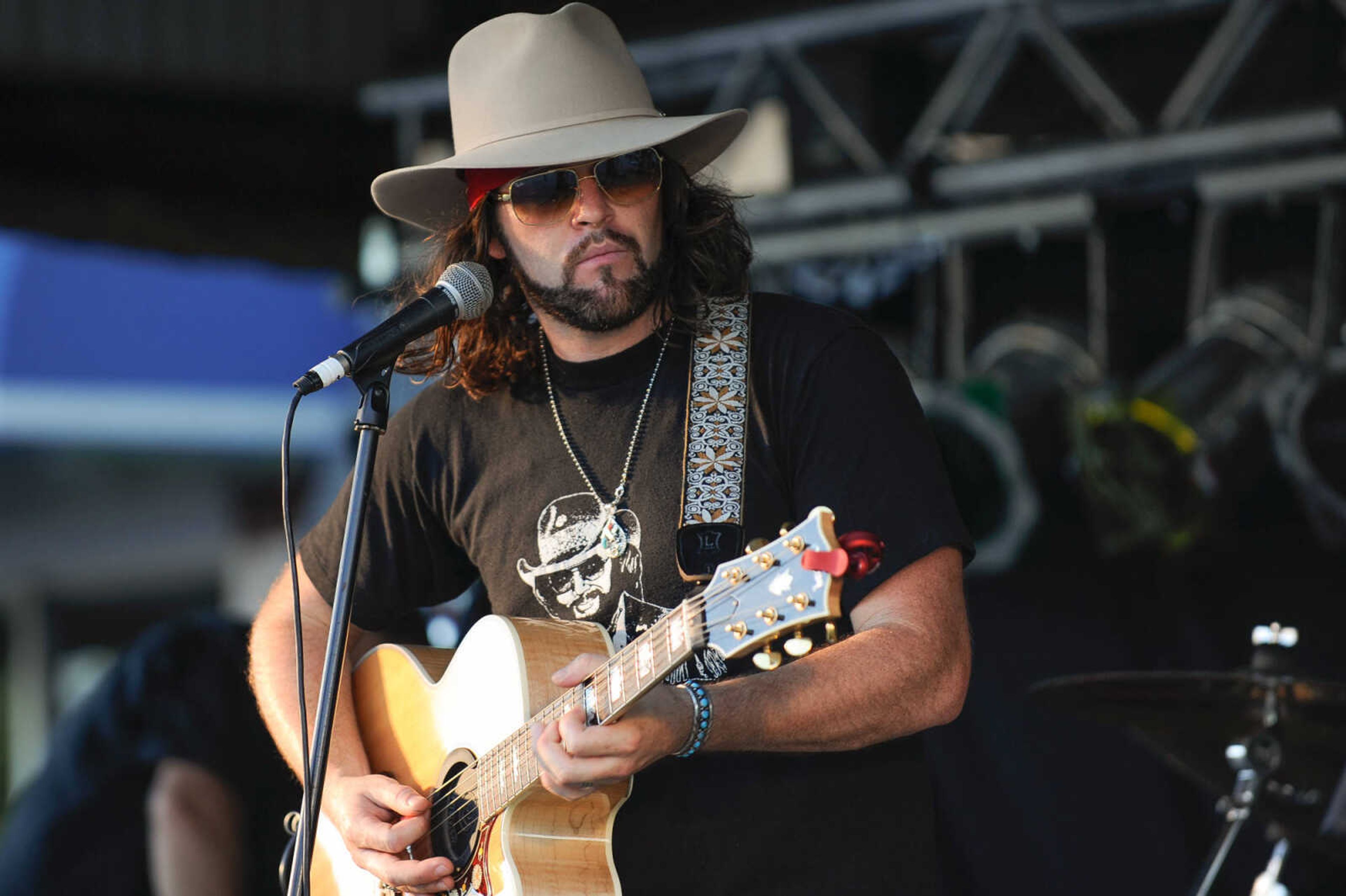 GLENN LANDBERG ~ glandberg@semissourian.com

BrettÂ Richardet of The Tungsten Groove does a sound check before their set at the 4th Annual Bikers on the Square Friday, June 17, 2016 in Perryville, Missouri.