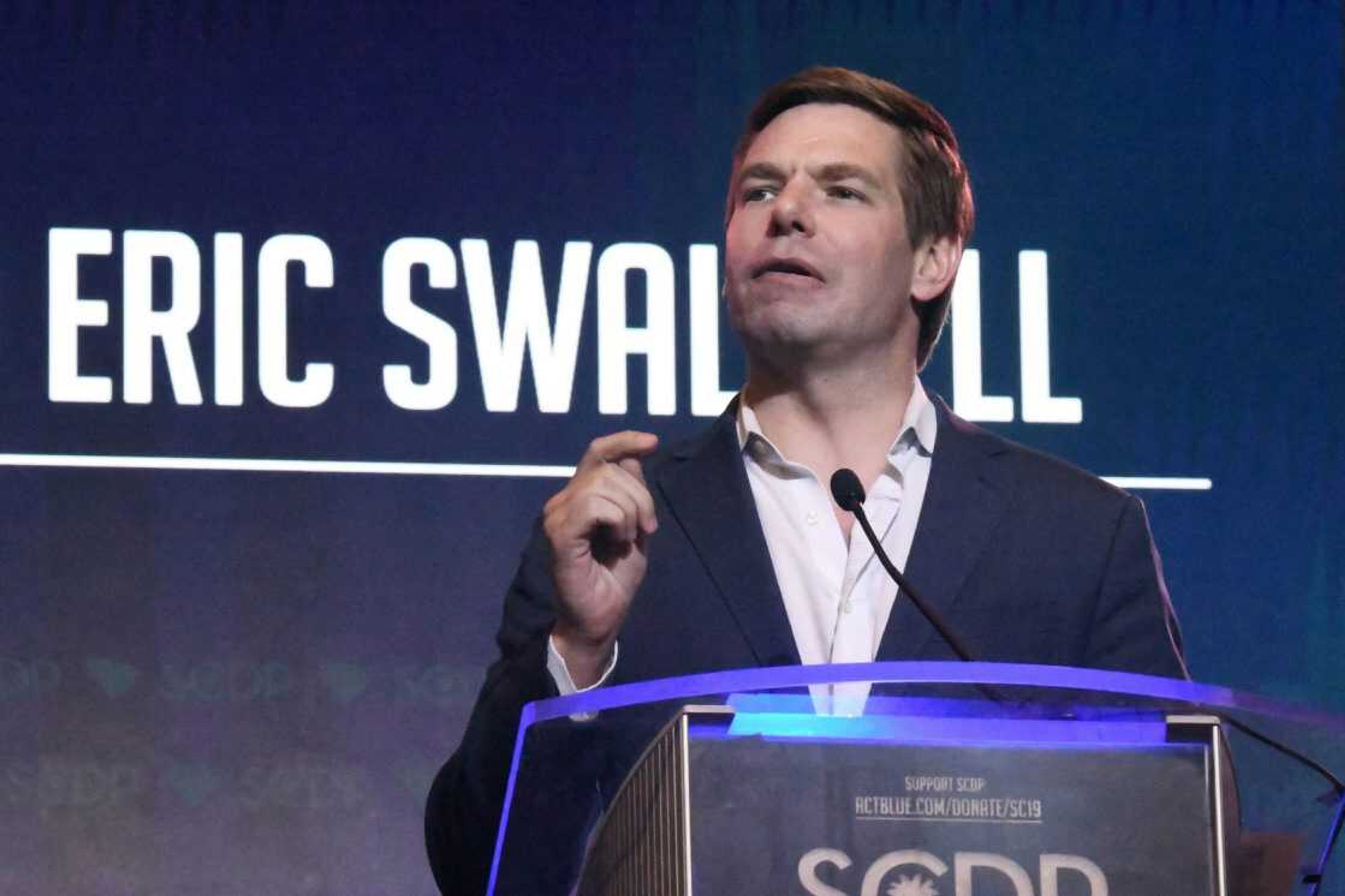 FILE - In this June 22, 2019, file photo, Rep. Eric Swalwell, D-Calif., speaks to the South Carolina Democratic Party convention in Columbia, S.C. Swalwell is ending his presidential bid, becoming the first candidate in the crowded 2020 Democratic primary to exit the campaign.  (AP Photo/Meg Kinnard)