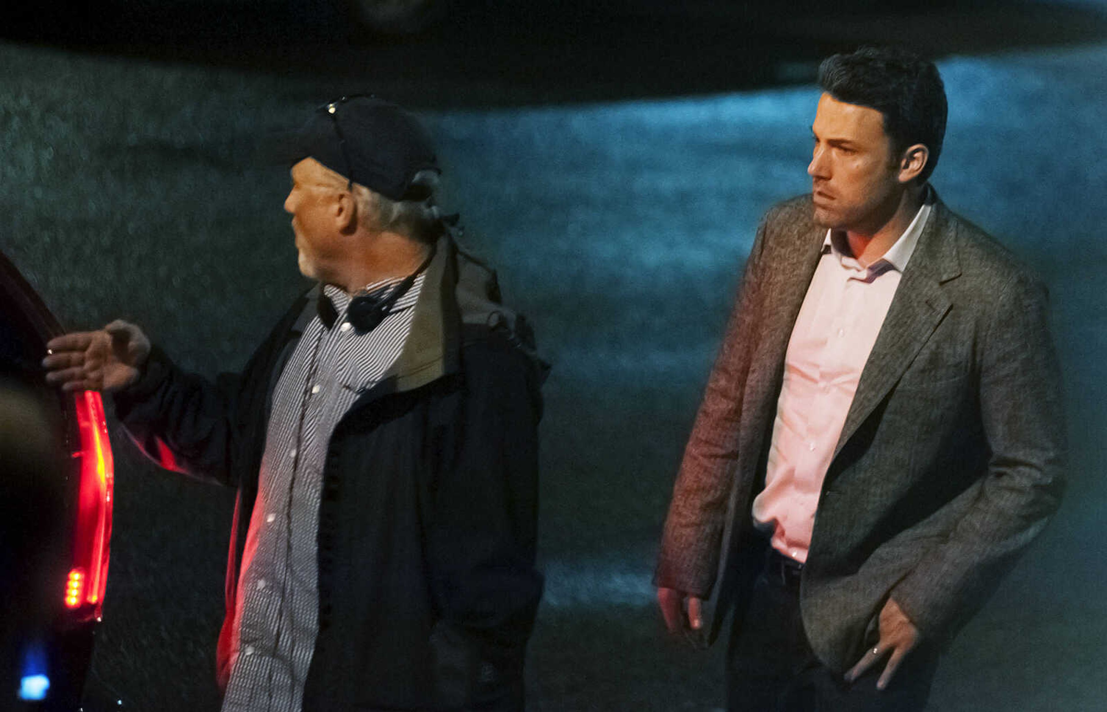 ADAM VOGLER ~ avogler@semissourian.com
Director David Fincher, left, talks with actor Ben Affleck before filming a scene for the 20th Century Fox feature film "Gone Girl," Friday, Sept. 27, in downtown Cape Girardeau.