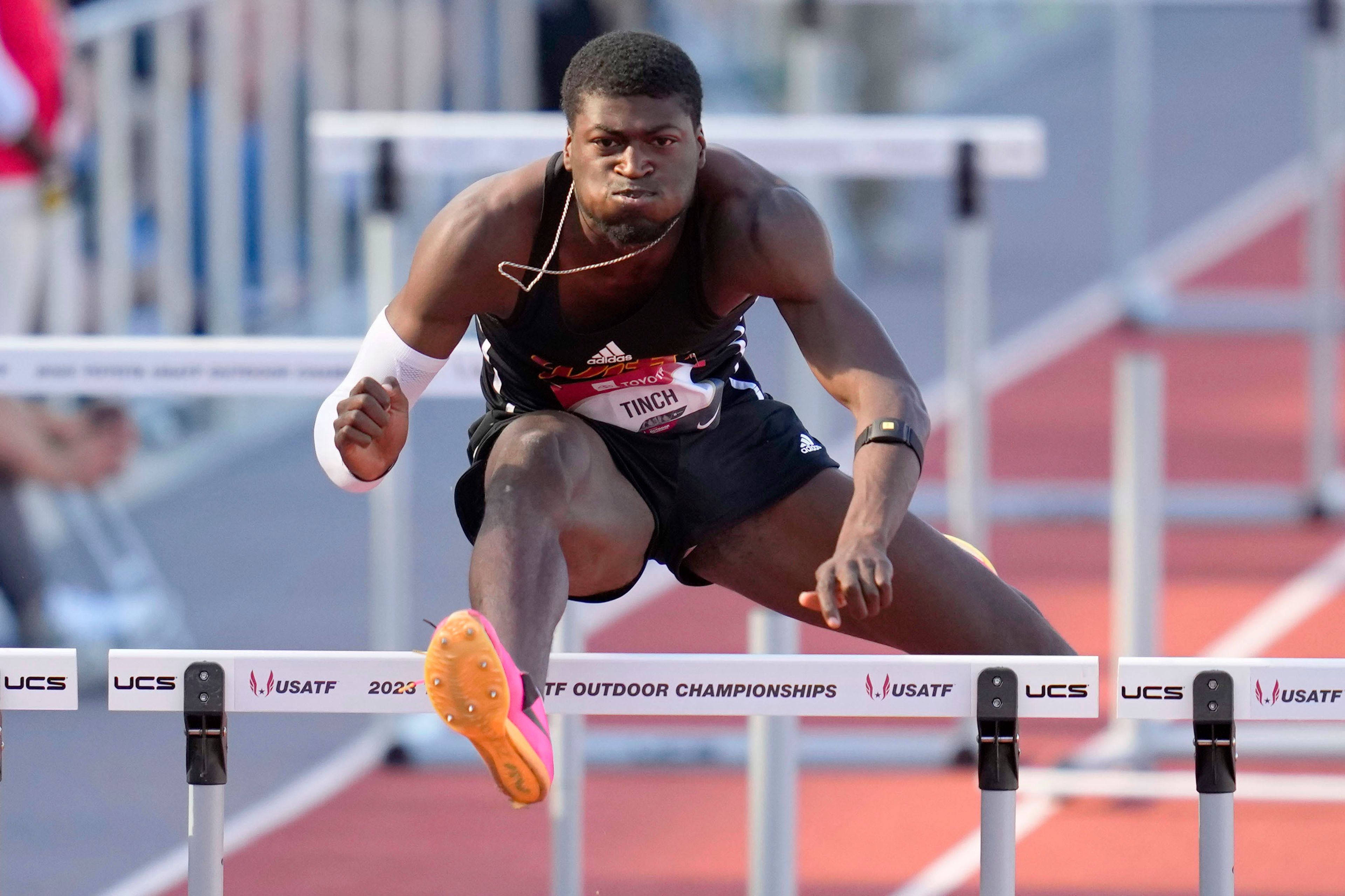 FILE - Cordell Tinch competes in the first round of the men's 400 meter hurdles during the U.S. track and field championships in Eugene, Ore., Saturday, July 8, 2023. (AP Photo/Ashley Landis, File)