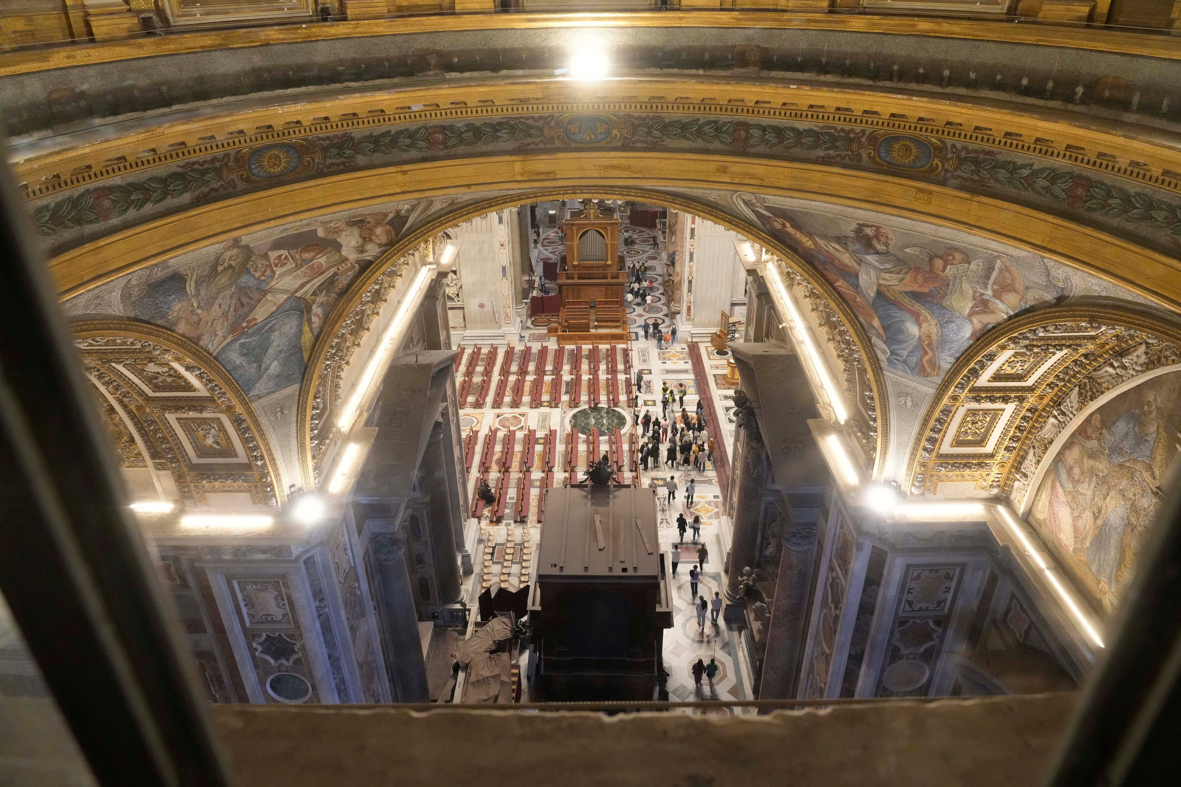 A view of St. Peter's basilica during the preview to the press of the exhibition 'Petros eni', which is part of the project "St. Peter's Basilica: AI-Enhanced Experience" at the Vatican, Saturday, Nov. 9, 2024. (AP Photo/Gregorio Borgia)