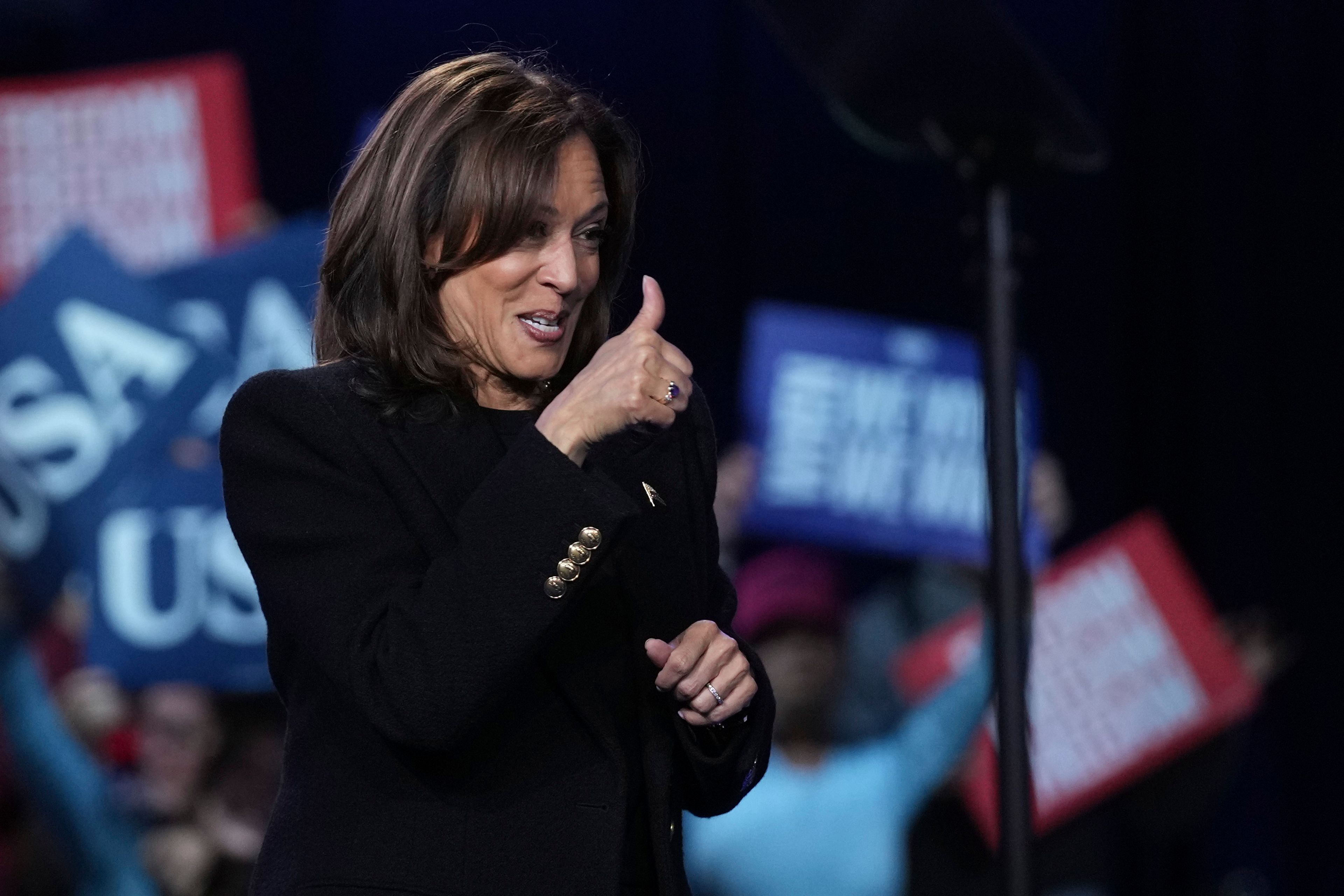 Democratic presidential nominee Vice President Kamala Harris departs after speaking during a campaign rally in Memorial Hall at Muhlenberg College in Allentown, Pa., Monday, Nov. 4, 2024. (AP Photo/Susan Walsh)