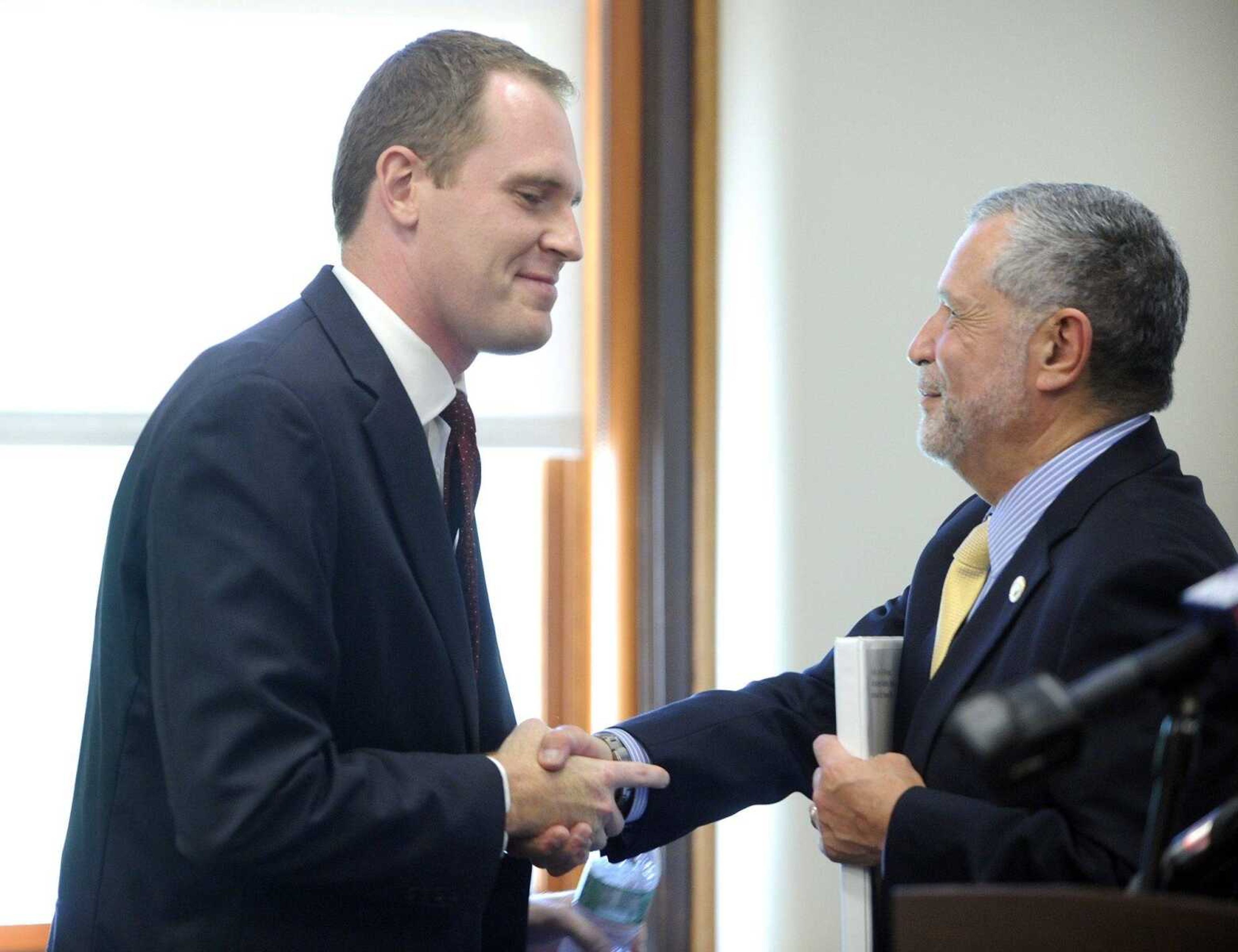 New athletic director Brady Barke is introduced by Southeast Missouri State University president Carlos Vargas at a news conference Tuesday at Academic Hall.