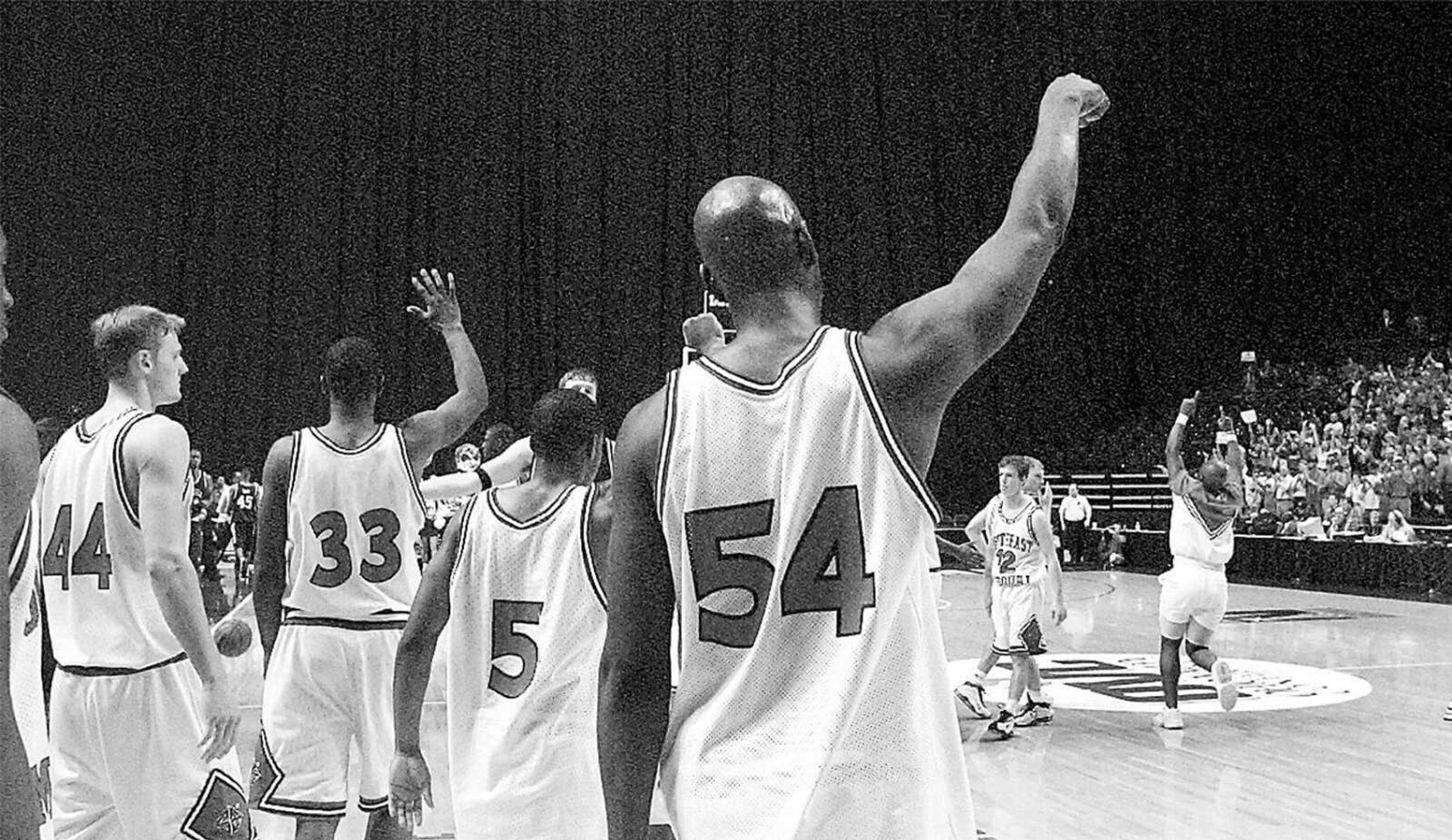 Bud Eley, the only Southeast player to be named Ohio Valley Conference Player of the Year, walks off the court with his teammates following a 1999 OVC tournament game. (Missourian file photo)