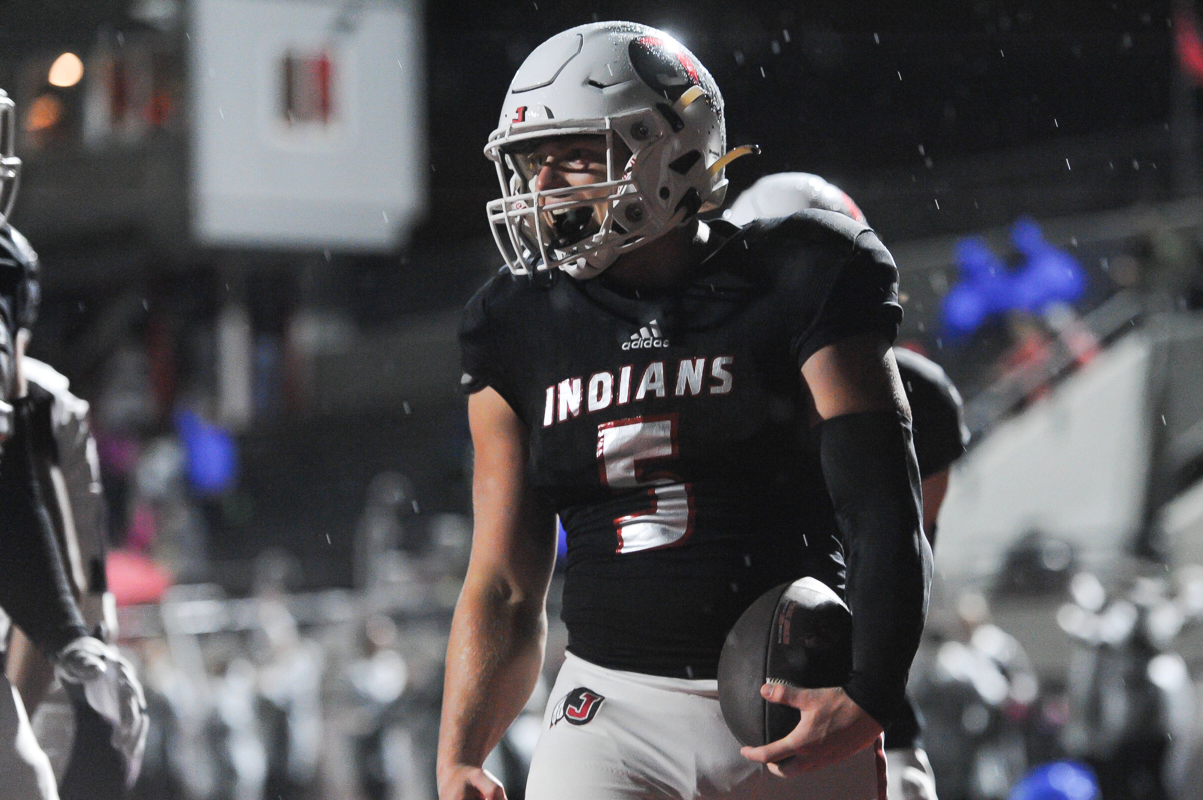 Jackson's Zach Crump celebrates a touchdown during a Friday, September 27, 2024 game between the Jackson Indians and the Poplar Bluff Mules at Jackson High School's "The Pit" in Jackson, Mo. Jackson defeated Poplar Bluff, 57-9.