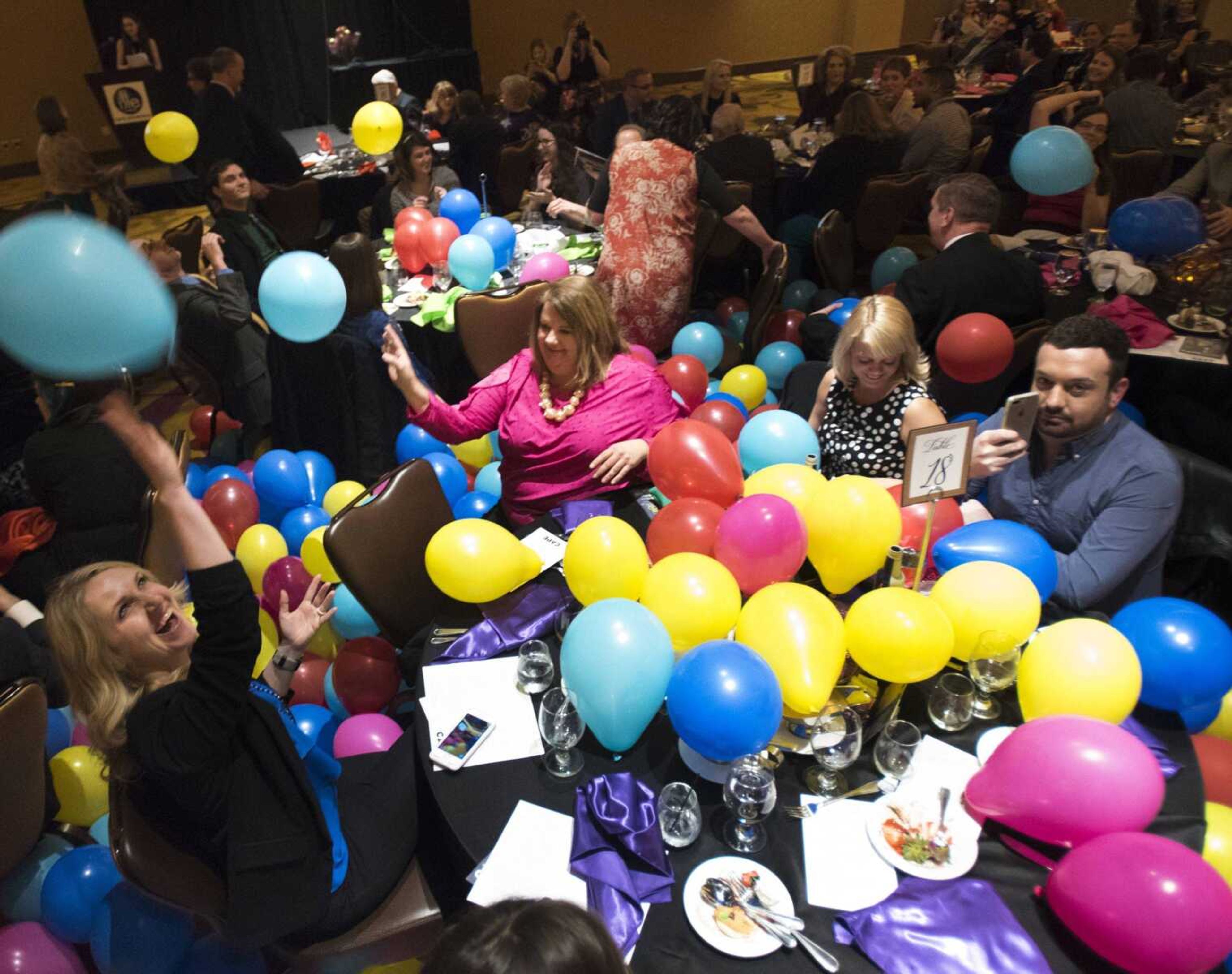 Balloons drop to the event center floor to conclude the Old Town Cape annual dinner Feb. 22 at Isle Casino Cape Girardeau in Cape Girardeau.