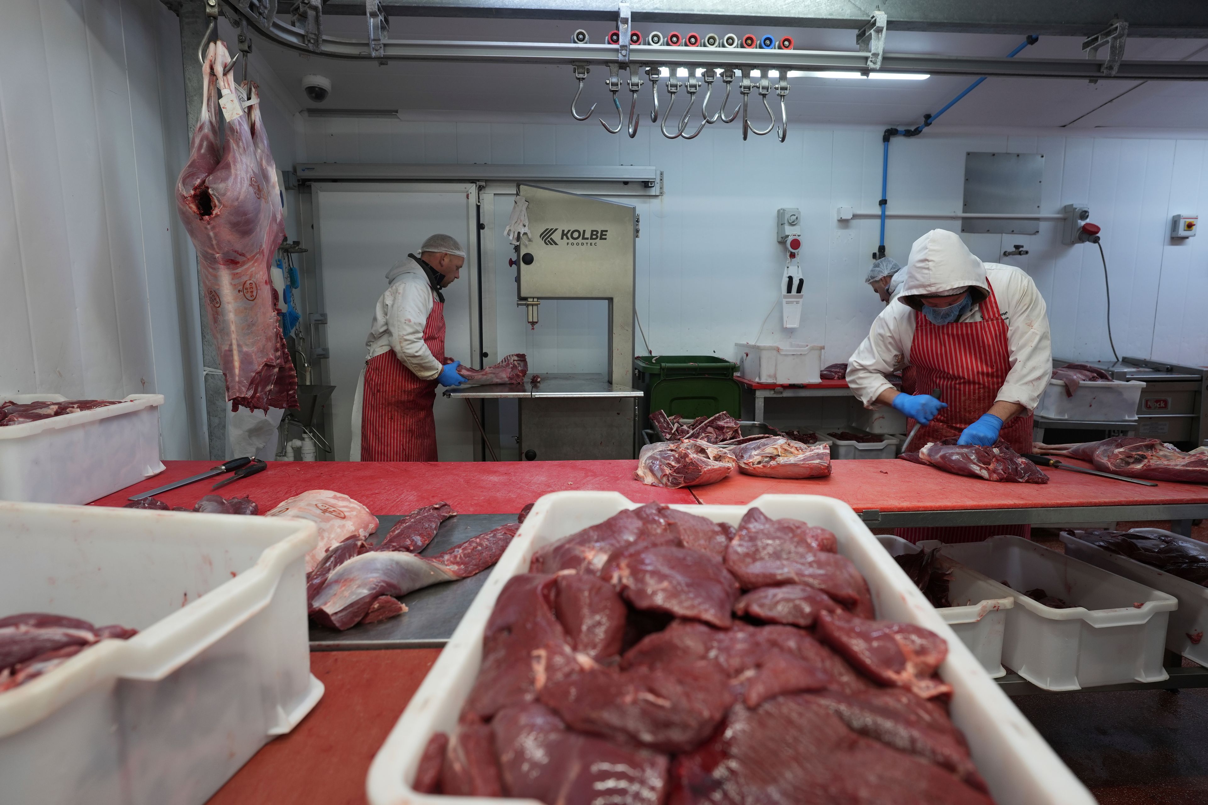 A butcher works on a shoulder of venison at Ben Rigby's venison meat facility in Mundon, England, Thursday, Oct. 31, 2024. Wild deer numbers have dramatically multiplied in recent decades and there are now more deer in England than at any other time in the last 1,000 years, according to the Forestry Commission, the government department looking after England's public woodland. (AP Photo/Alastair Grant)