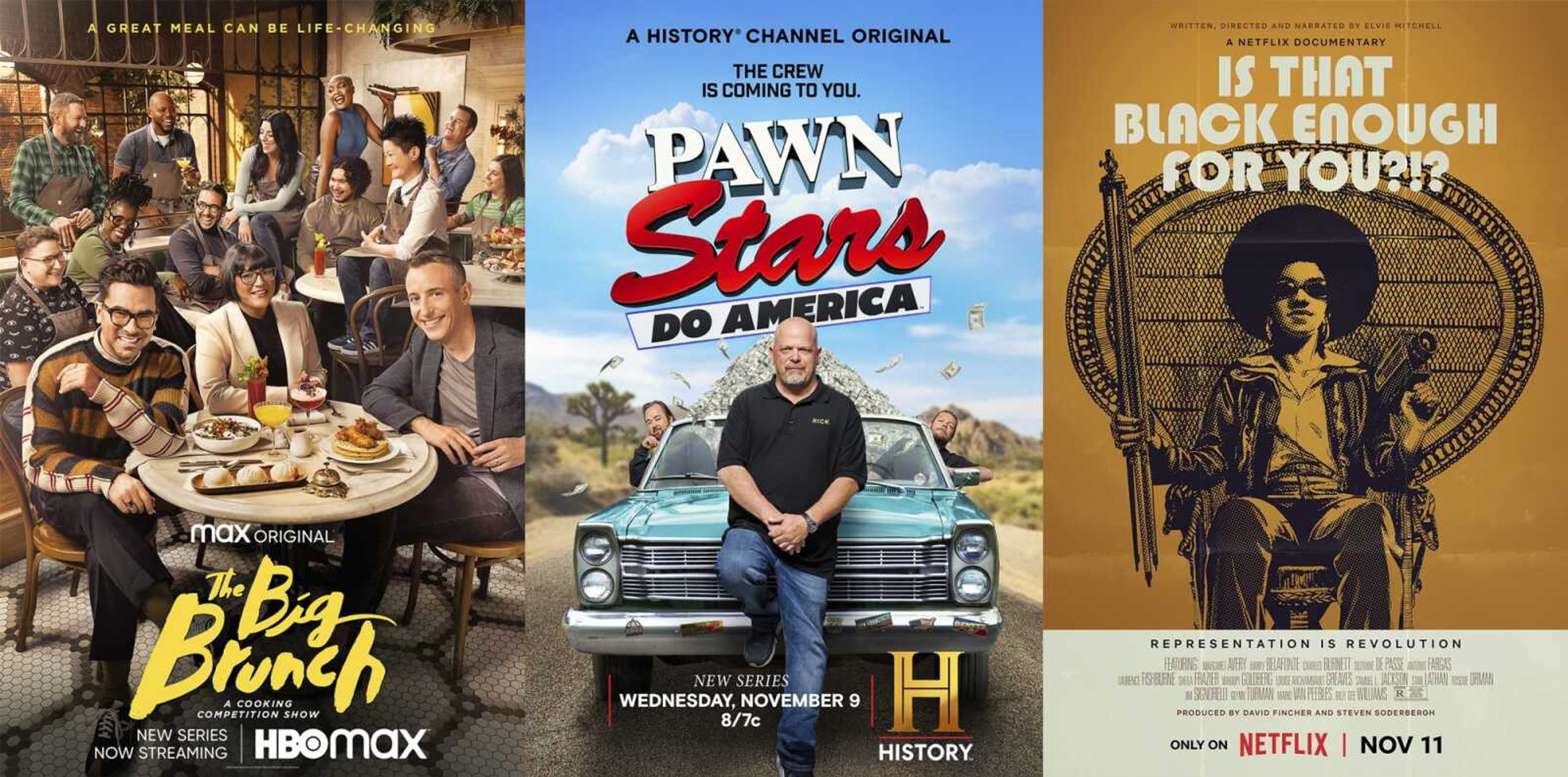 Promotional art for the cooking competition series "The Big Brunch", left; the series "Pawn Stars Do America", center; and the film "Is That Black Enough for You?"