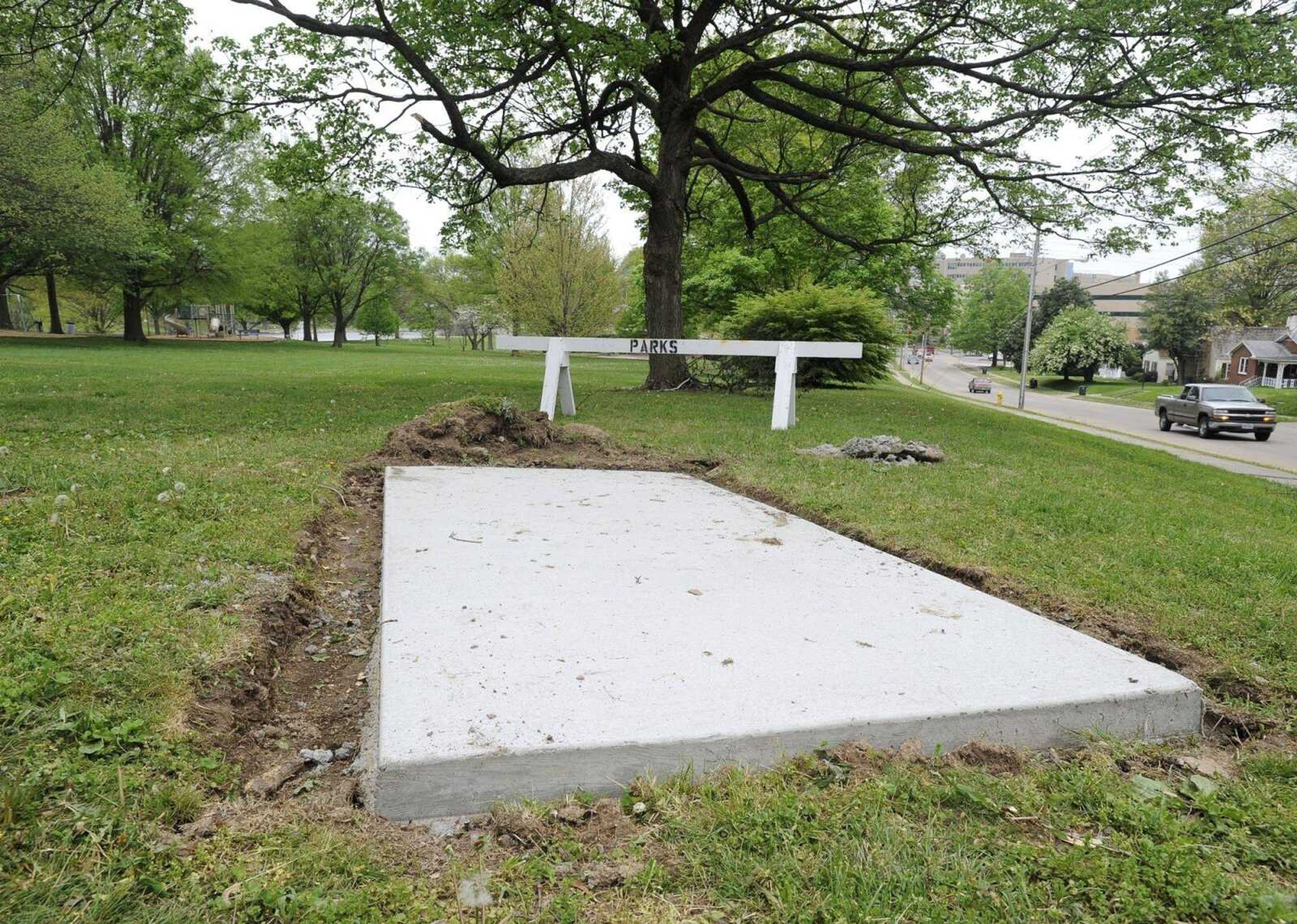 One of the concrete tee pads for the new disc golf course in Capaha Park is located near Perry Avenue. (Fred Lynch)